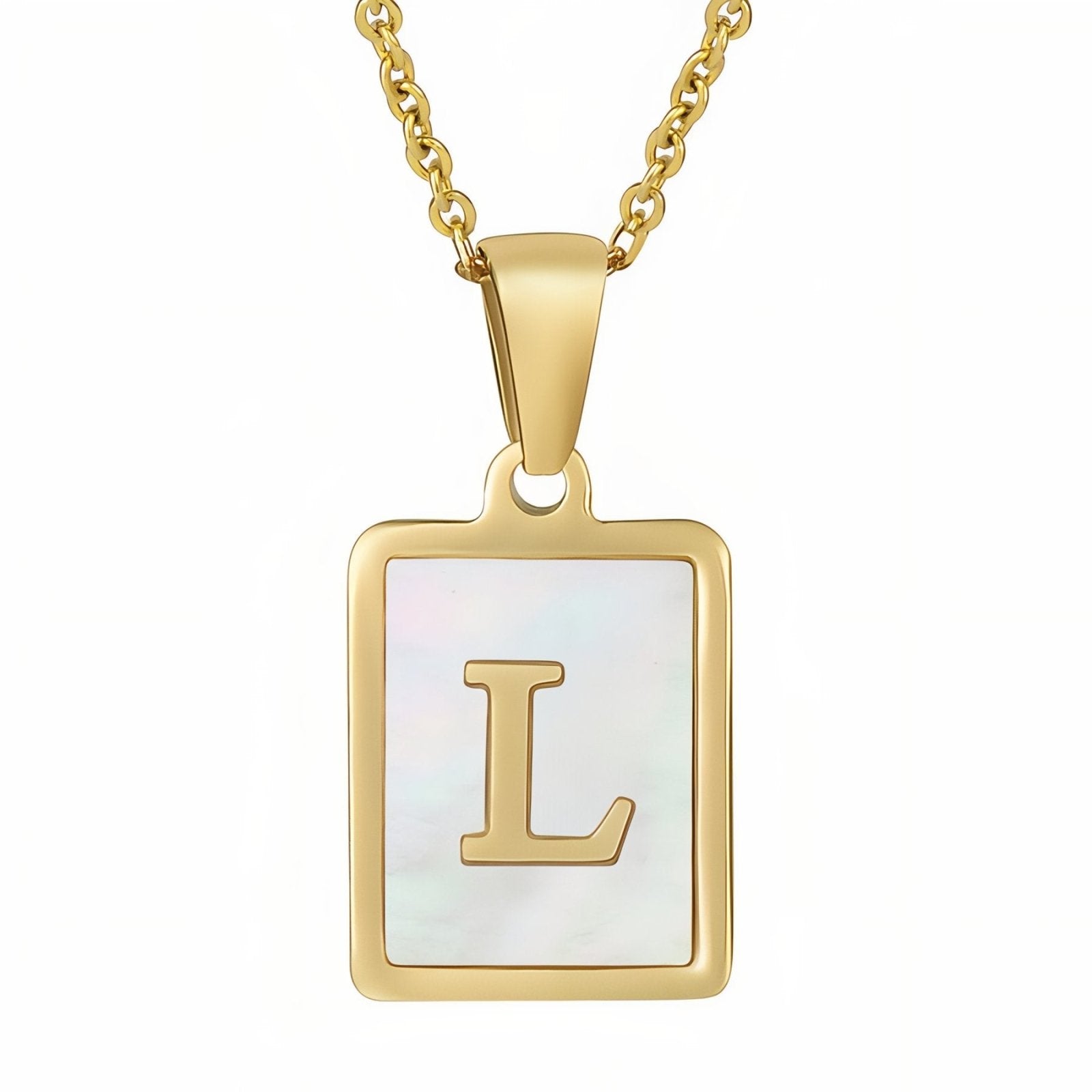 Collier lettre initiale doré, pendentif rectangle nacré, chaine fîne en acier inoxydable plaqué or