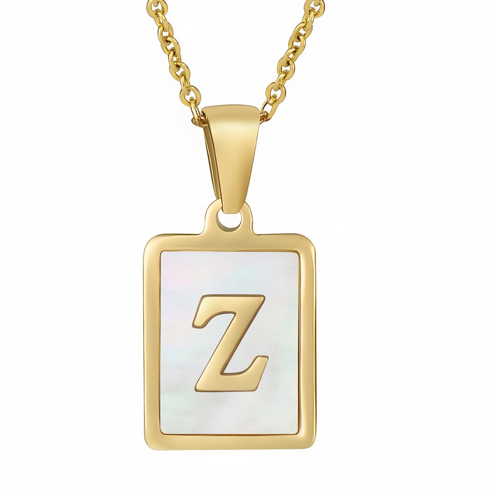 Collier lettre initiale doré, pendentif rectangle nacré, chaine fîne en acier inoxydable plaqué or