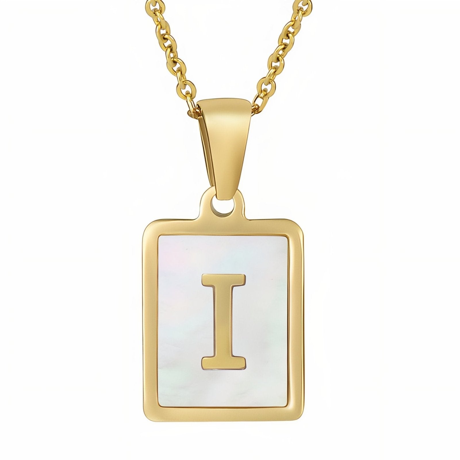 Collier lettre initiale doré, pendentif rectangle nacré, chaine fîne en acier inoxydable plaqué or