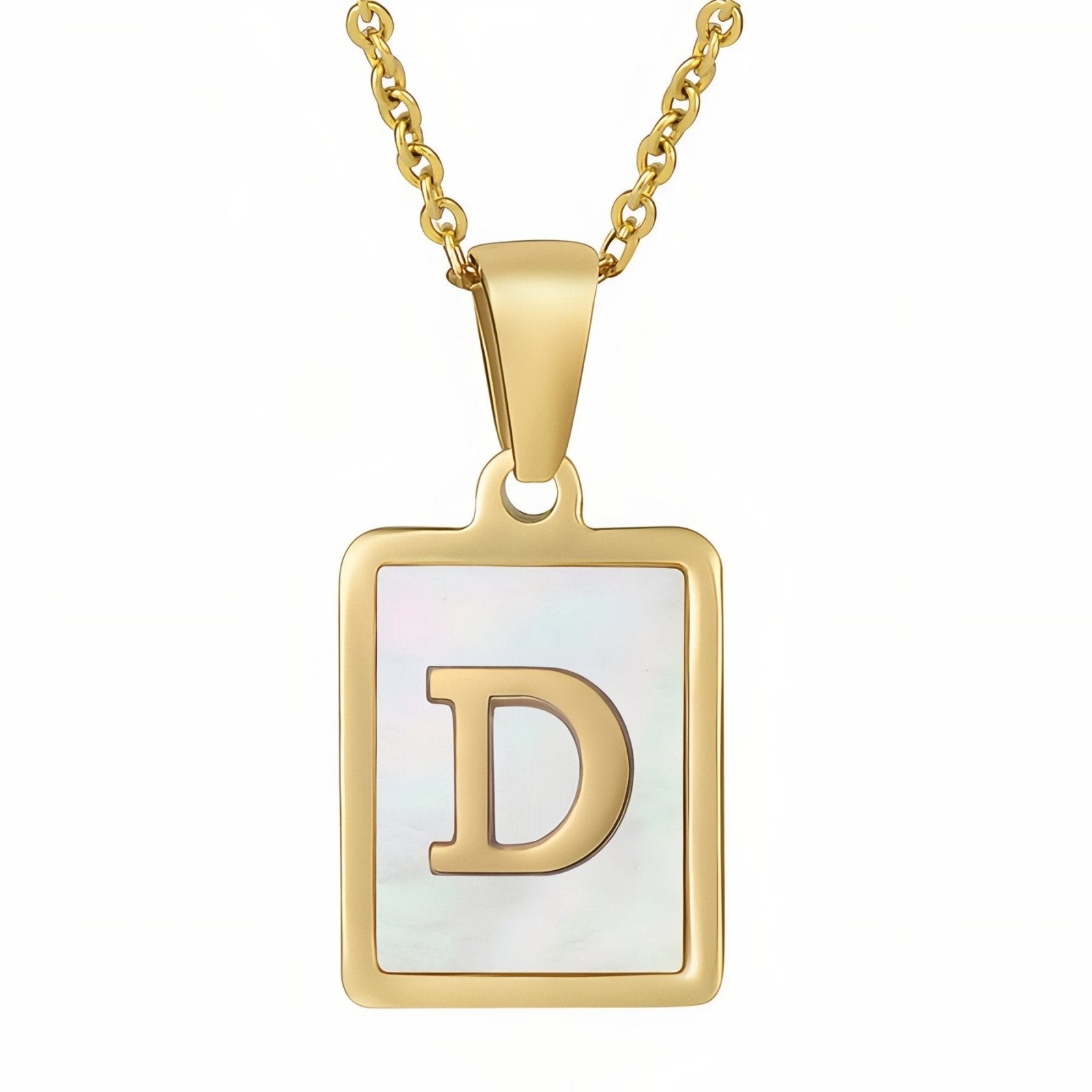 Collier lettre initiale doré, pendentif rectangle nacré, chaine fîne en acier inoxydable plaqué or