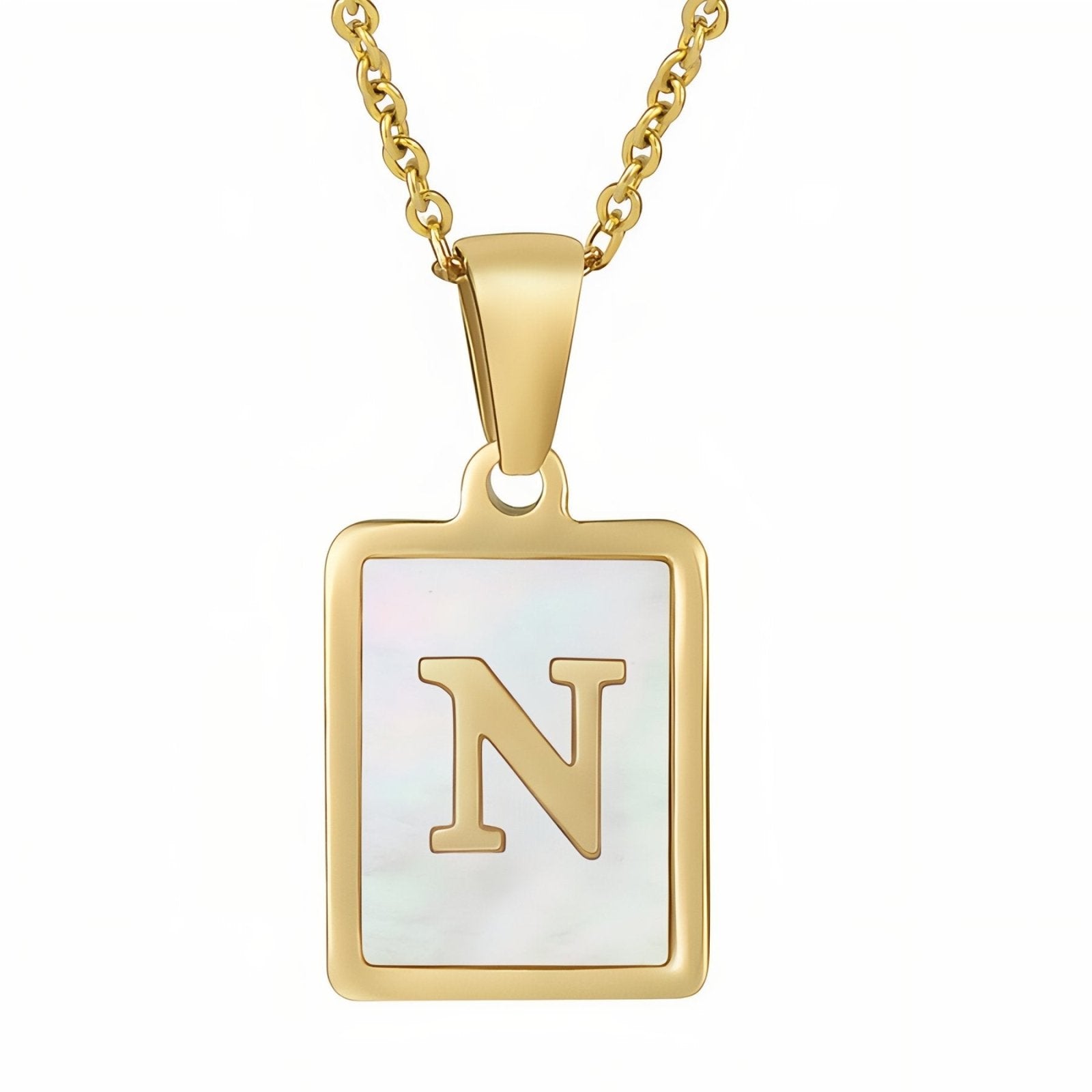 Collier lettre initiale doré, pendentif rectangle nacré, chaine fîne en acier inoxydable plaqué or