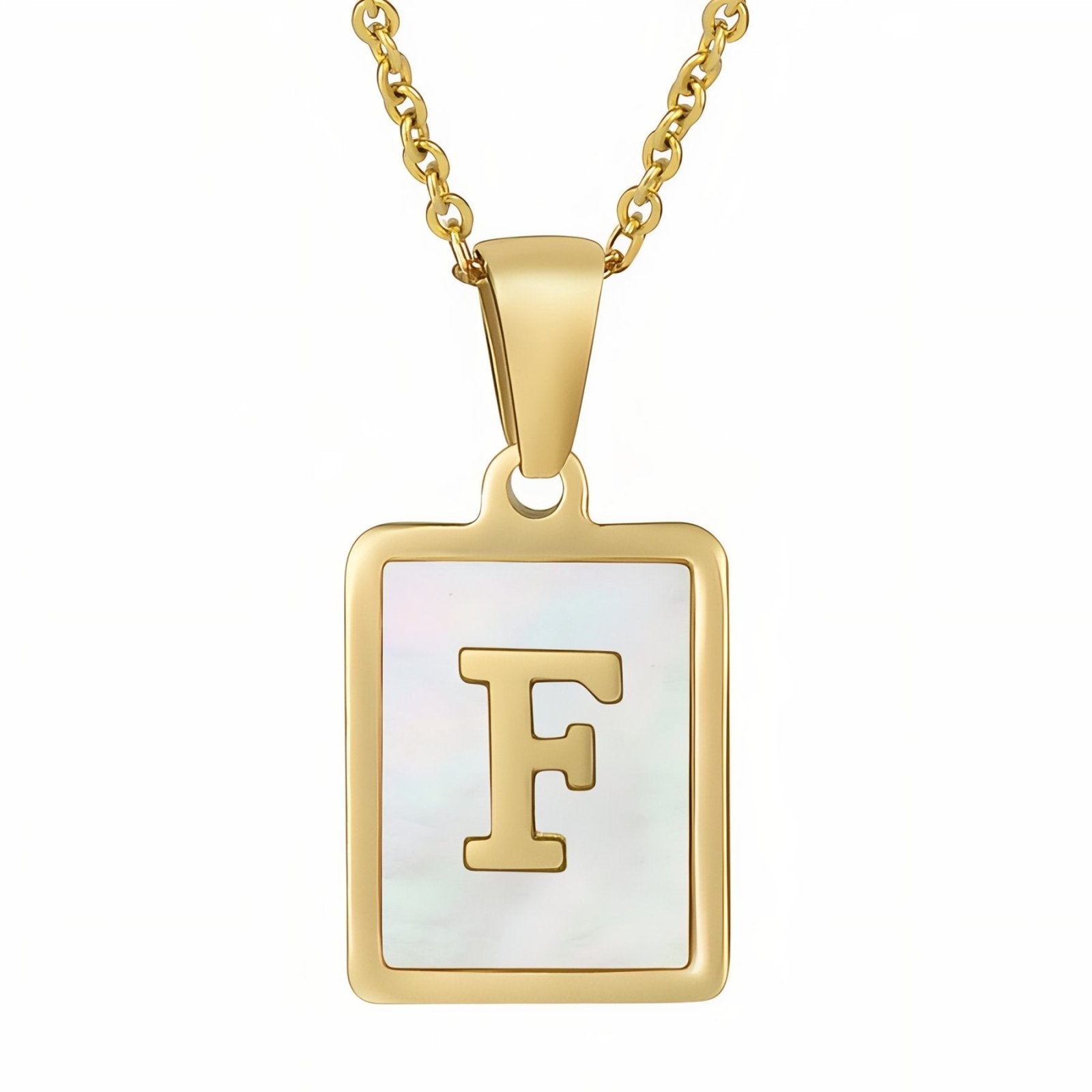 Collier lettre initiale doré, pendentif rectangle nacré, chaine fîne en acier inoxydable plaqué or