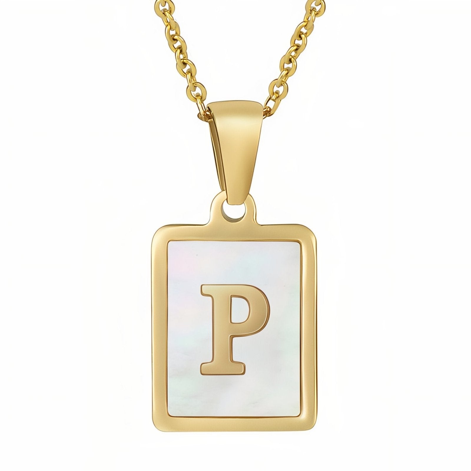 Collier lettre initiale doré, pendentif rectangle nacré, chaine fîne en acier inoxydable plaqué or