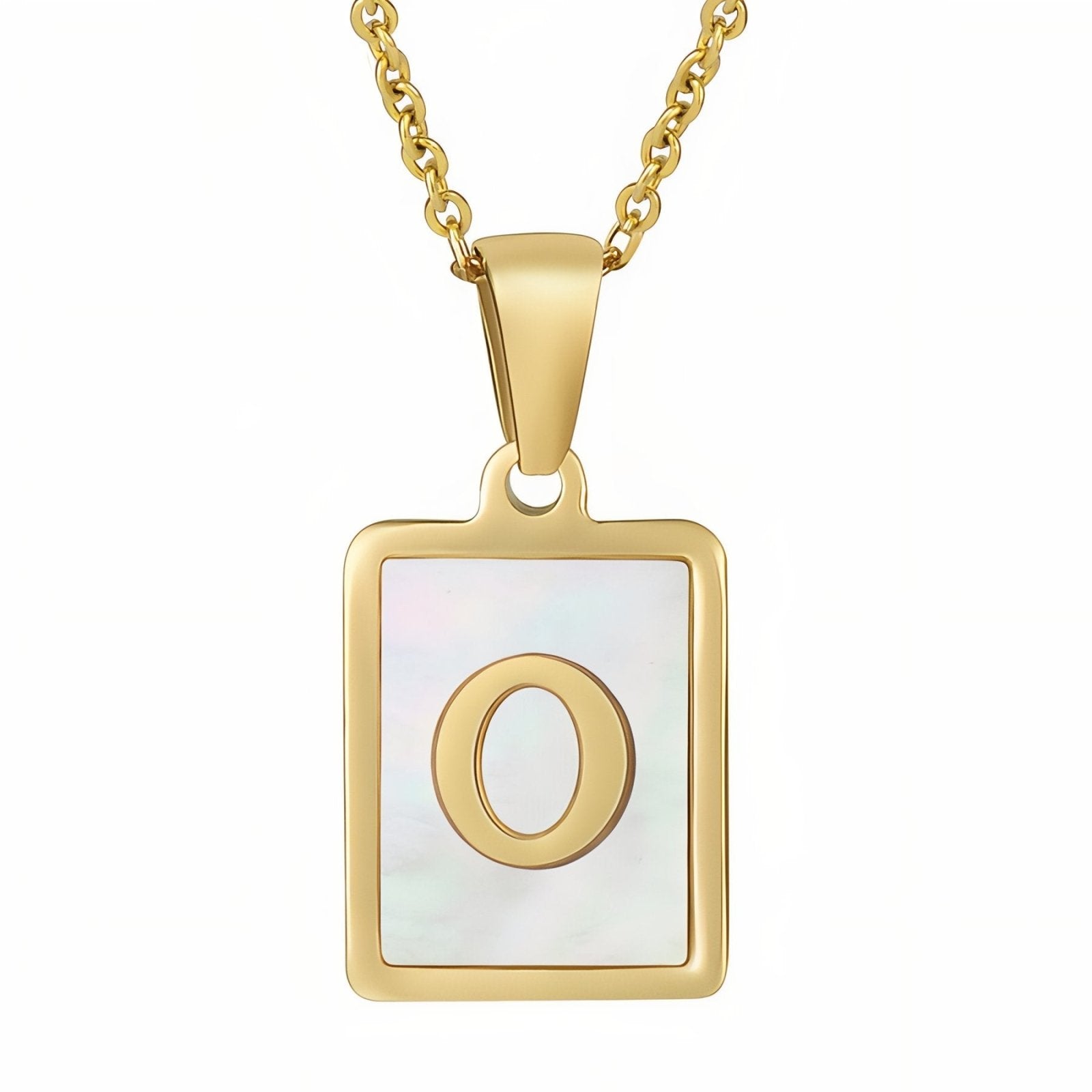 Collier lettre initiale doré, pendentif rectangle nacré, chaine fîne en acier inoxydable plaqué or