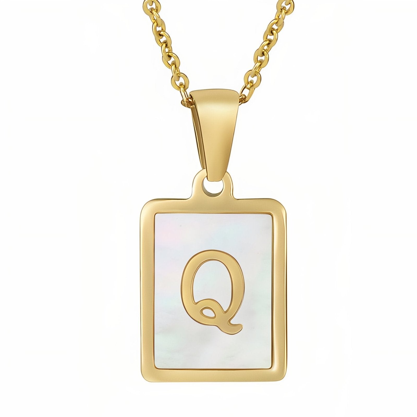 Collier lettre initiale doré, pendentif rectangle nacré, chaine fîne en acier inoxydable plaqué or