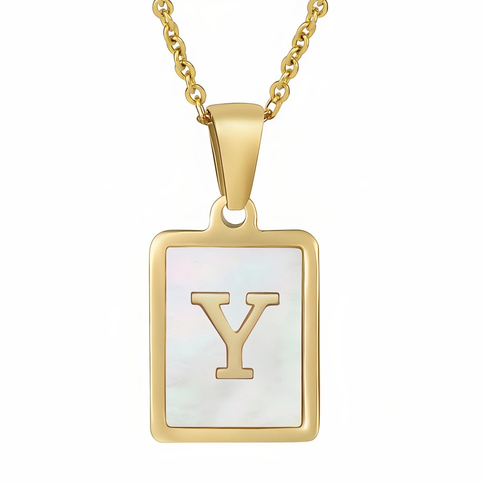 Collier lettre initiale doré, pendentif rectangle nacré, chaine fîne en acier inoxydable plaqué or