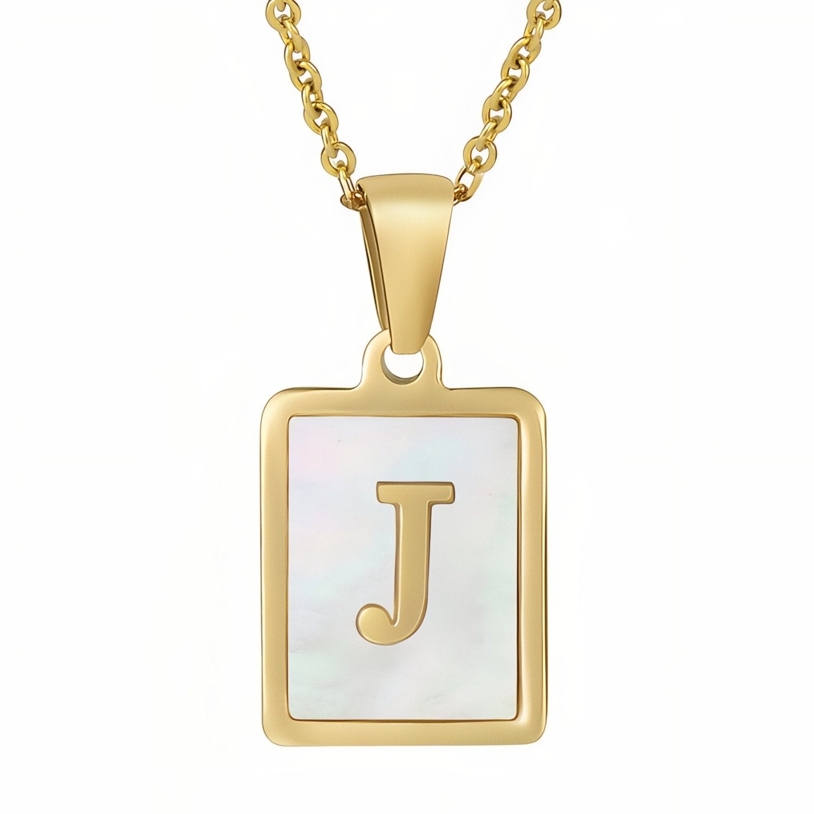 Collier lettre initiale doré, pendentif rectangle nacré, chaine fîne en acier inoxydable plaqué or