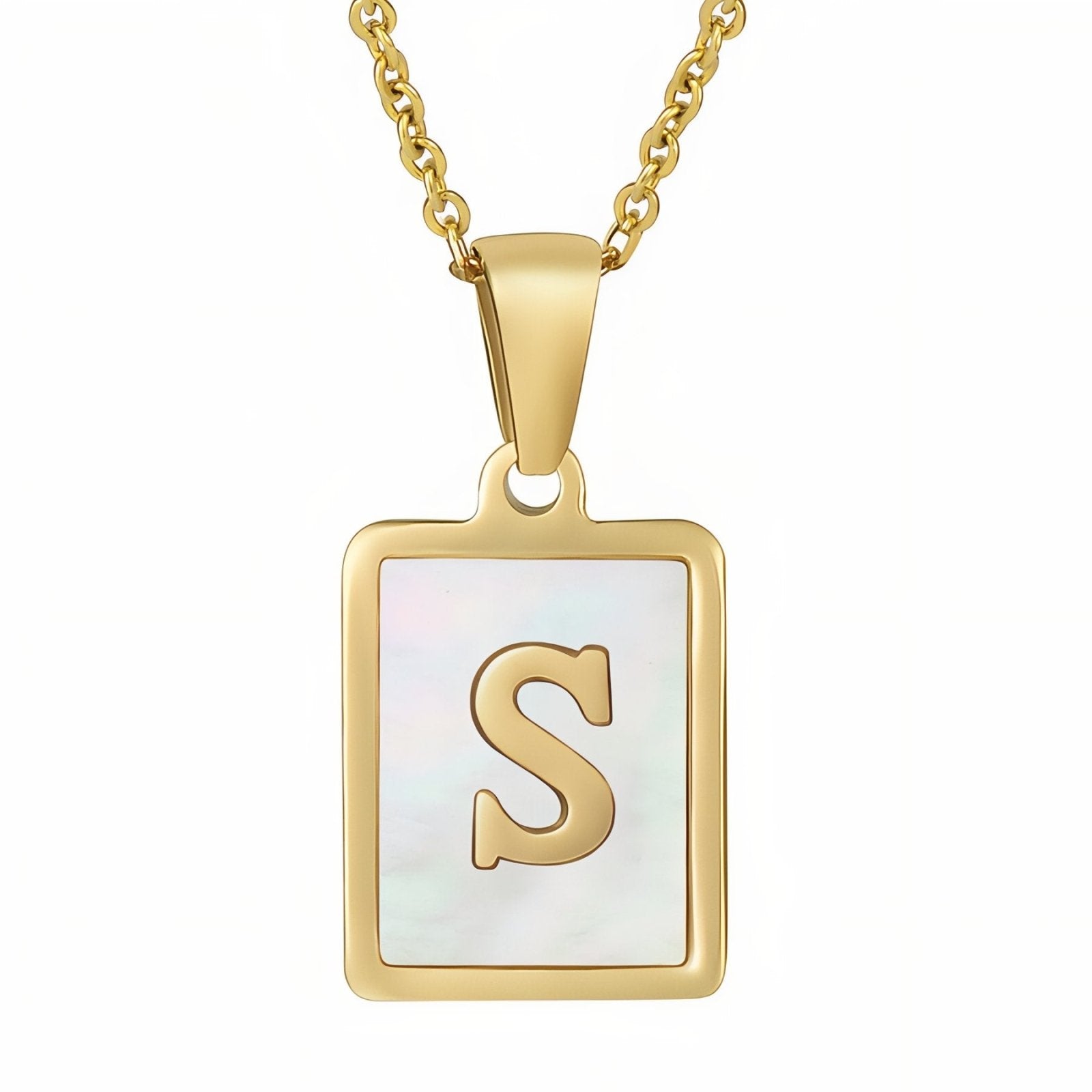Collier lettre initiale doré, pendentif rectangle nacré, chaine fîne en acier inoxydable plaqué or