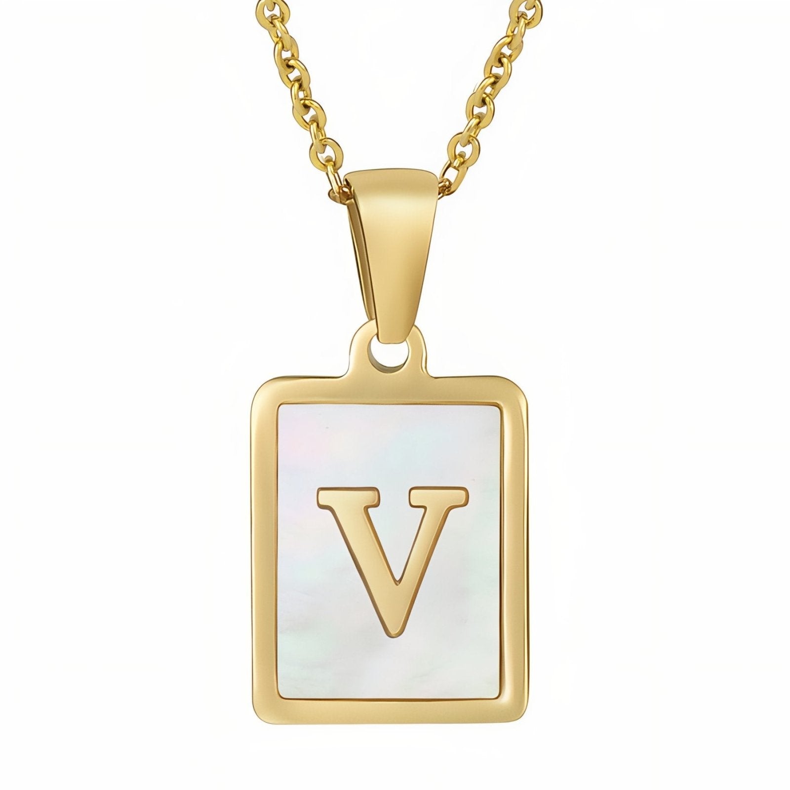 Collier lettre initiale doré, pendentif rectangle nacré, chaine fîne en acier inoxydable plaqué or