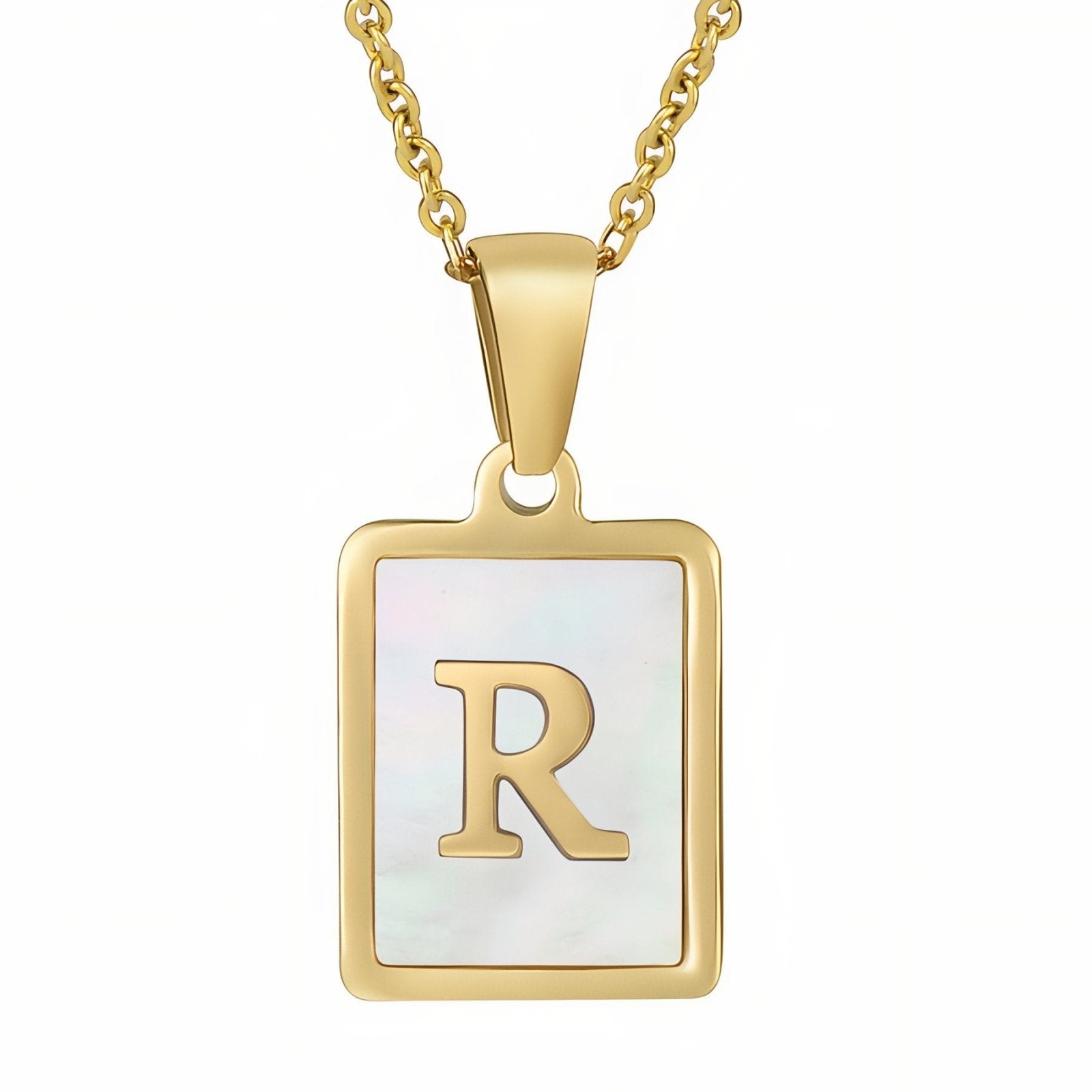 Collier lettre initiale doré, pendentif rectangle nacré, chaine fîne en acier inoxydable plaqué or