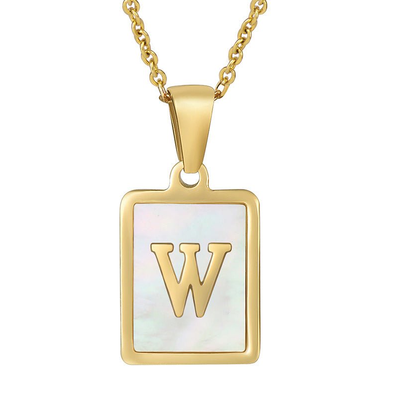 Collier lettre initiale doré, pendentif rectangle nacré, chaine fîne en acier inoxydable plaqué or