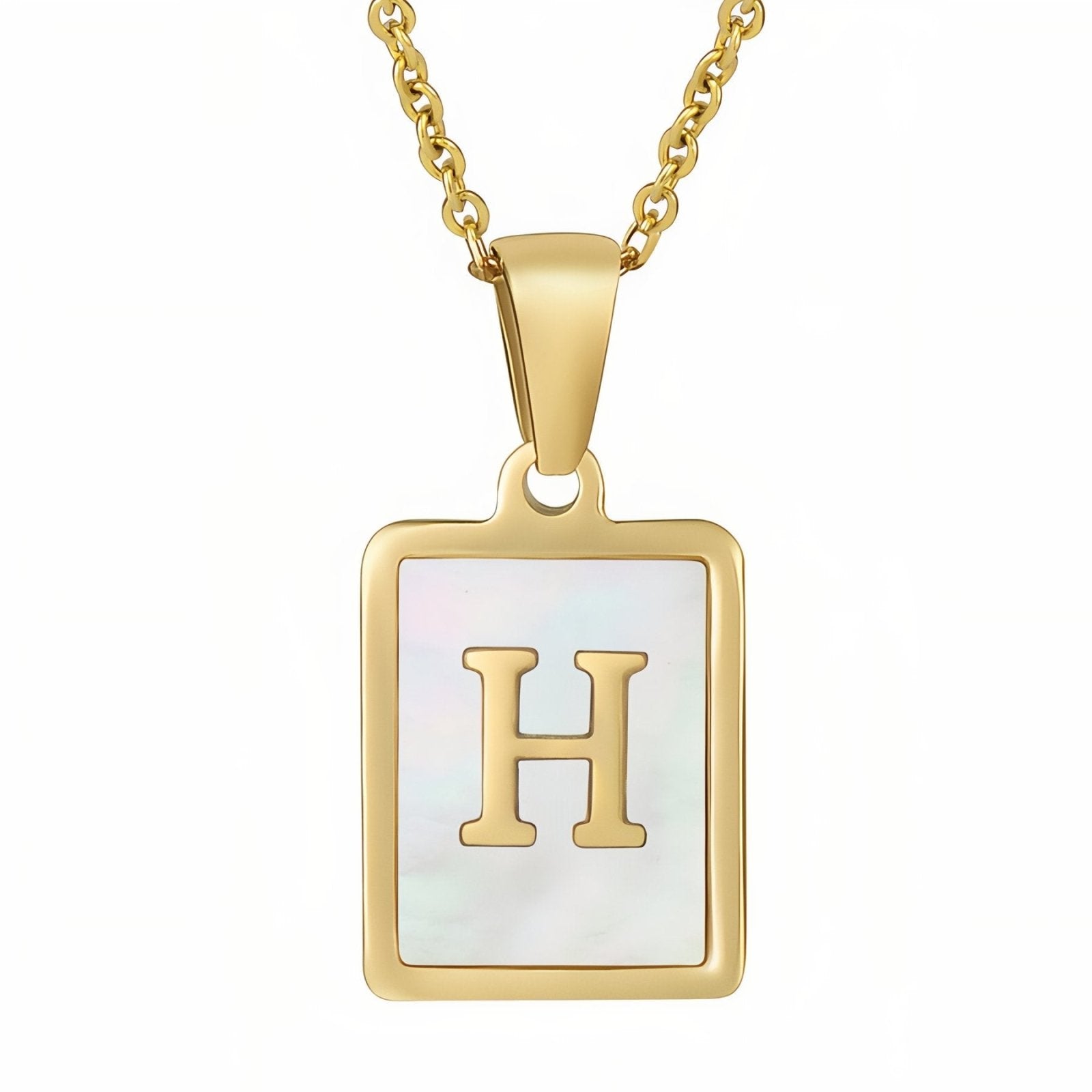 Collier lettre initiale doré, pendentif rectangle nacré, chaine fîne en acier inoxydable plaqué or