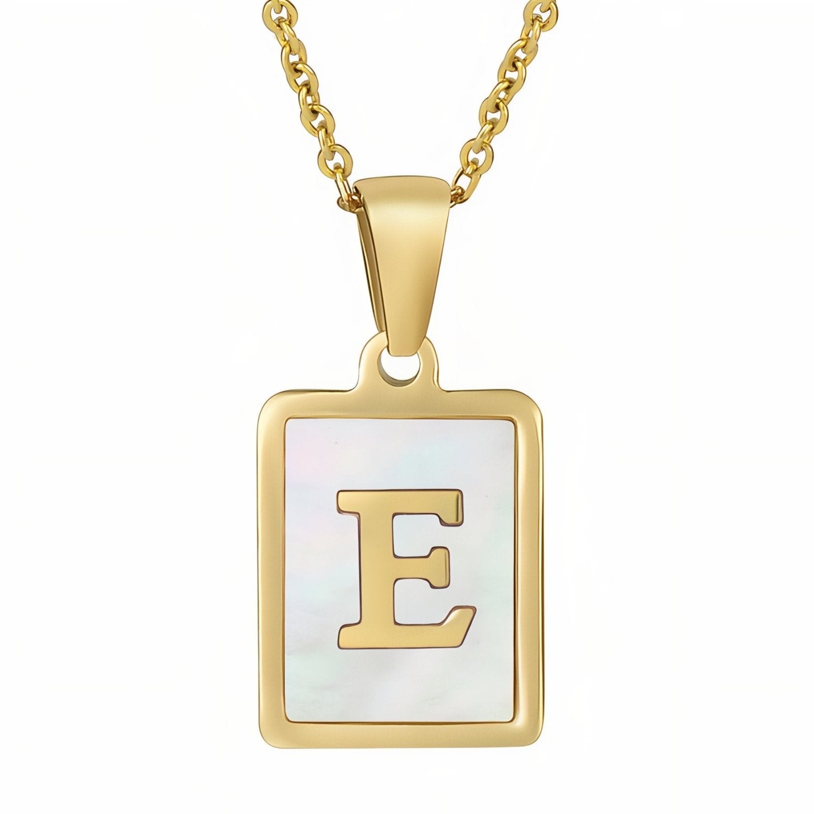 Collier lettre initiale doré, pendentif rectangle nacré, chaine fîne en acier inoxydable plaqué or