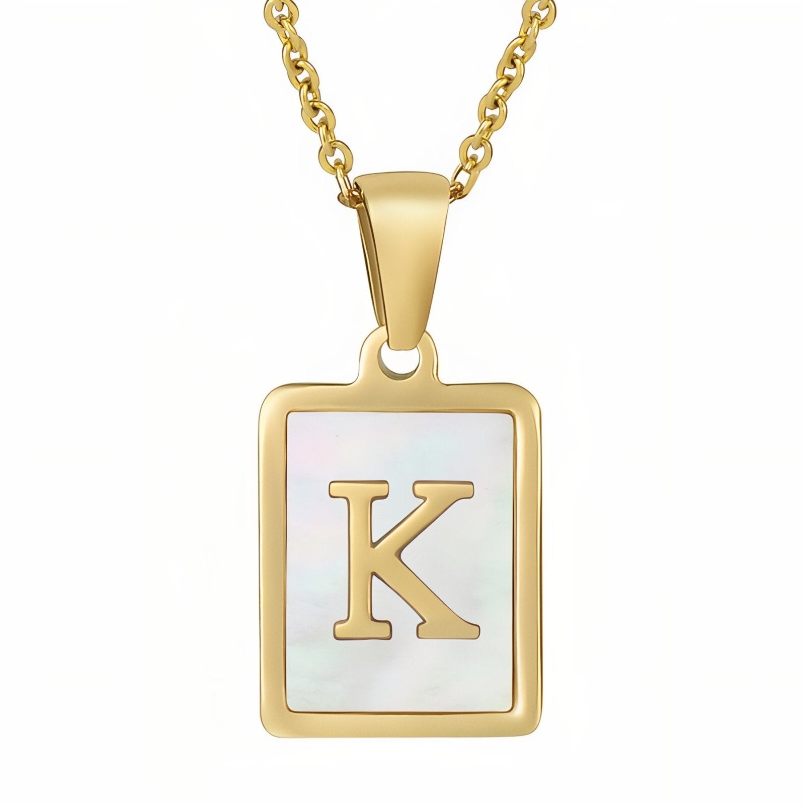 Collier lettre initiale doré, pendentif rectangle nacré, chaine fîne en acier inoxydable plaqué or