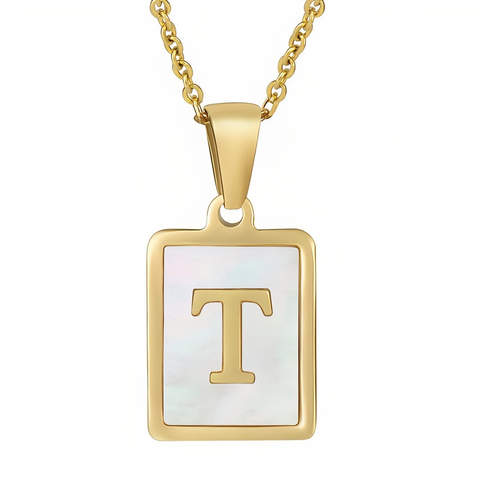 Collier lettre initiale doré, pendentif rectangle nacré, chaine fîne en acier inoxydable plaqué or