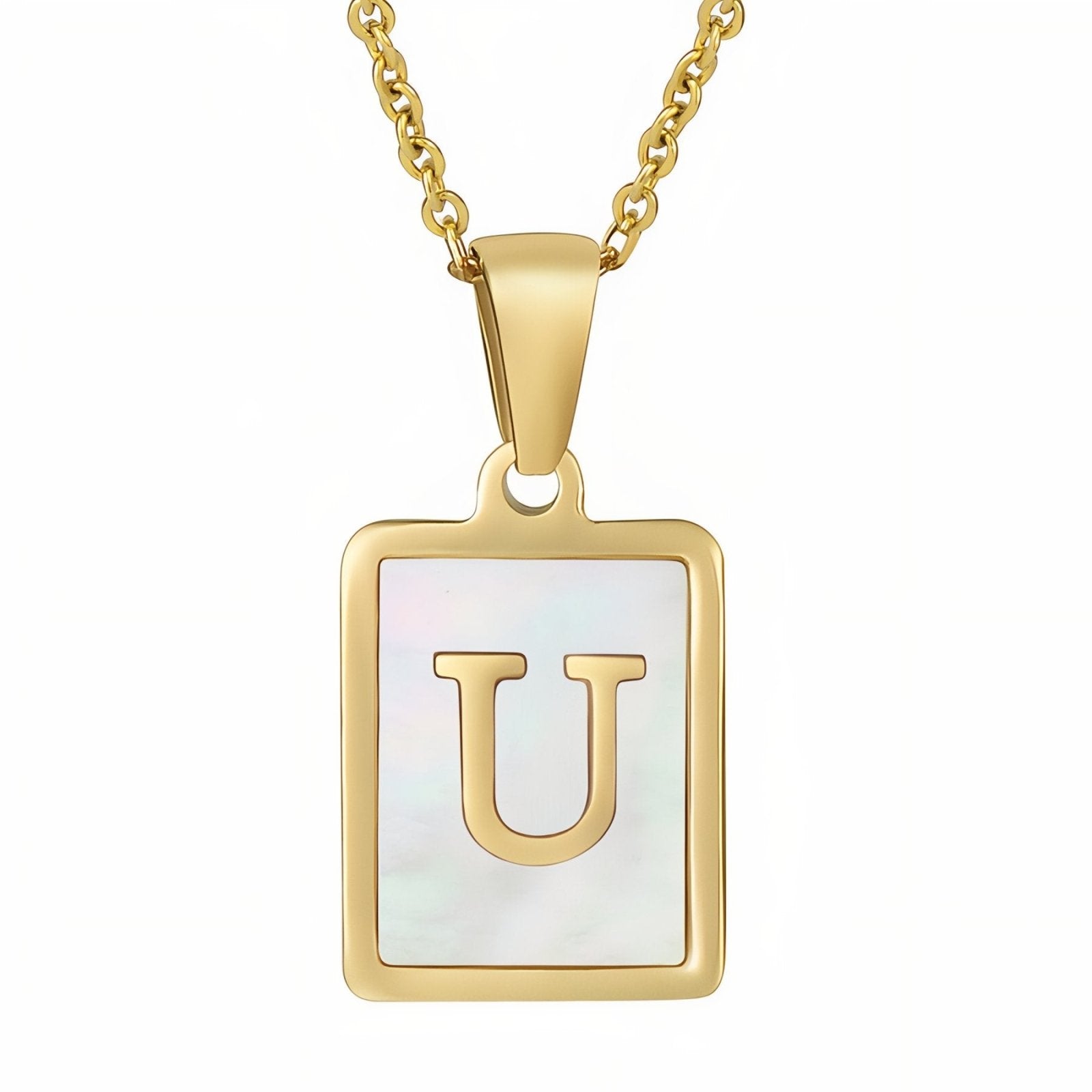 Collier lettre initiale doré, pendentif rectangle nacré, chaine fîne en acier inoxydable plaqué or