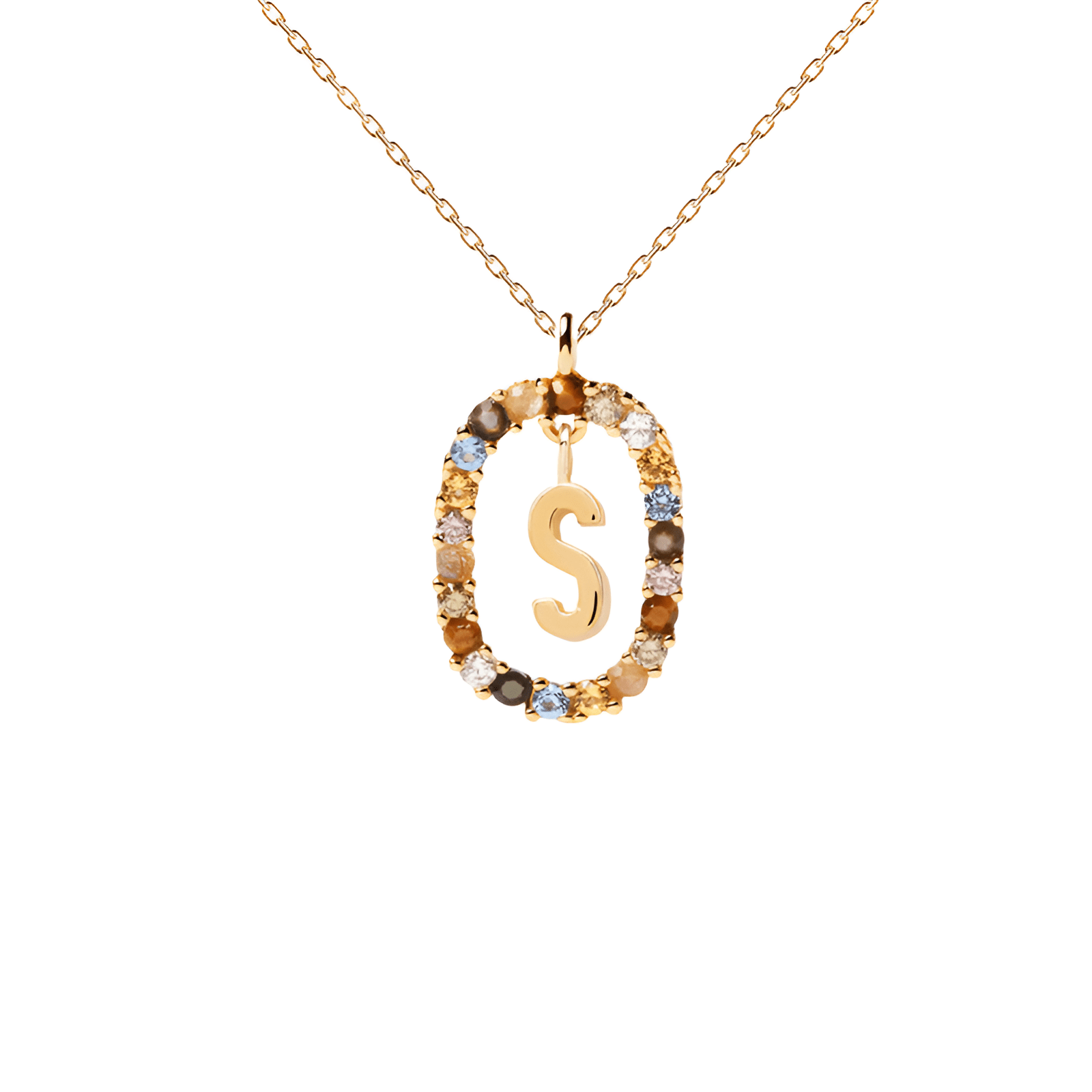 Collier lettre pour femme, en argent 925 plaqué or, zircons multicolores et maille forçat, modèle Solari
