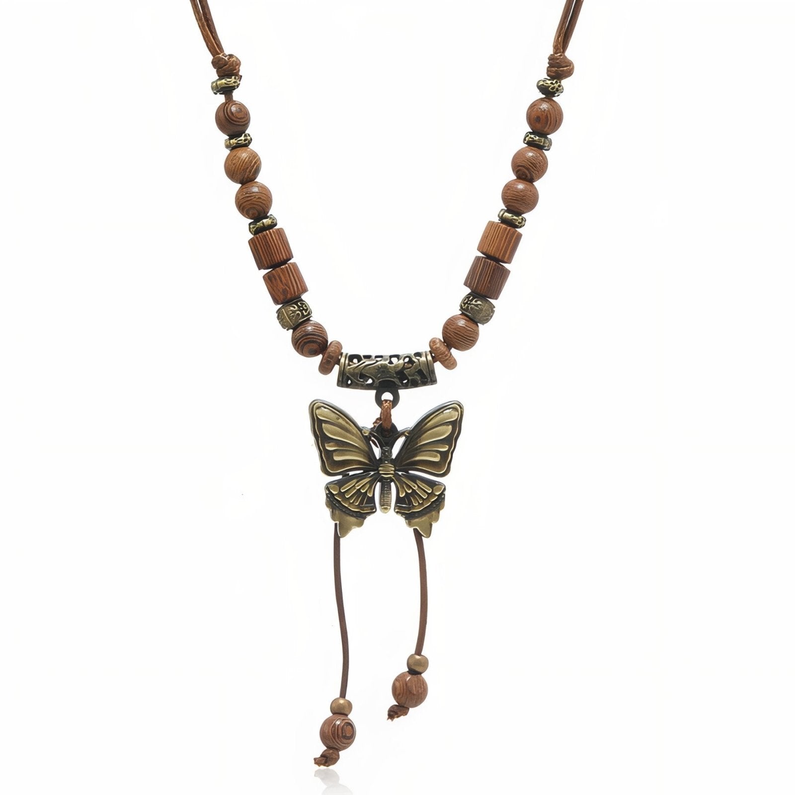 Collier long bohème, pendentif papillon en métal vieilli et perles en bois, style ethnique chic