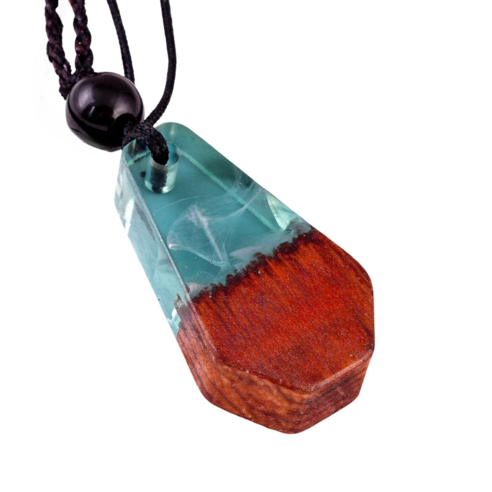 Collier long en bois et résine, avec pendentif géométrique, style artisanal