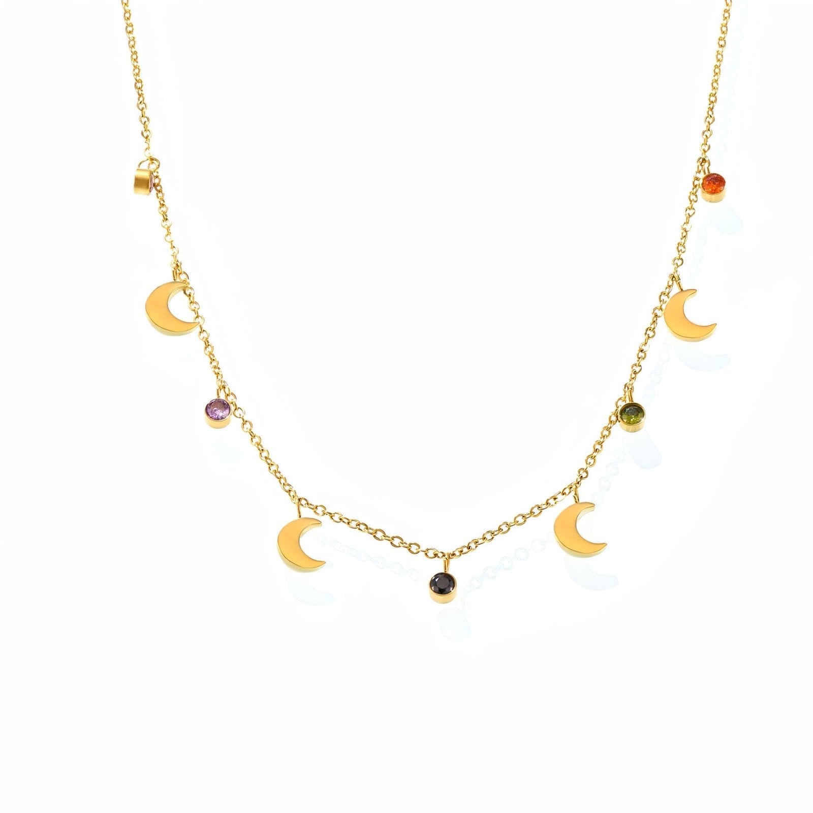 Collier lune dorée avec pierres zircon multicolores, chaîne fine plaquée or, modèle Serenity