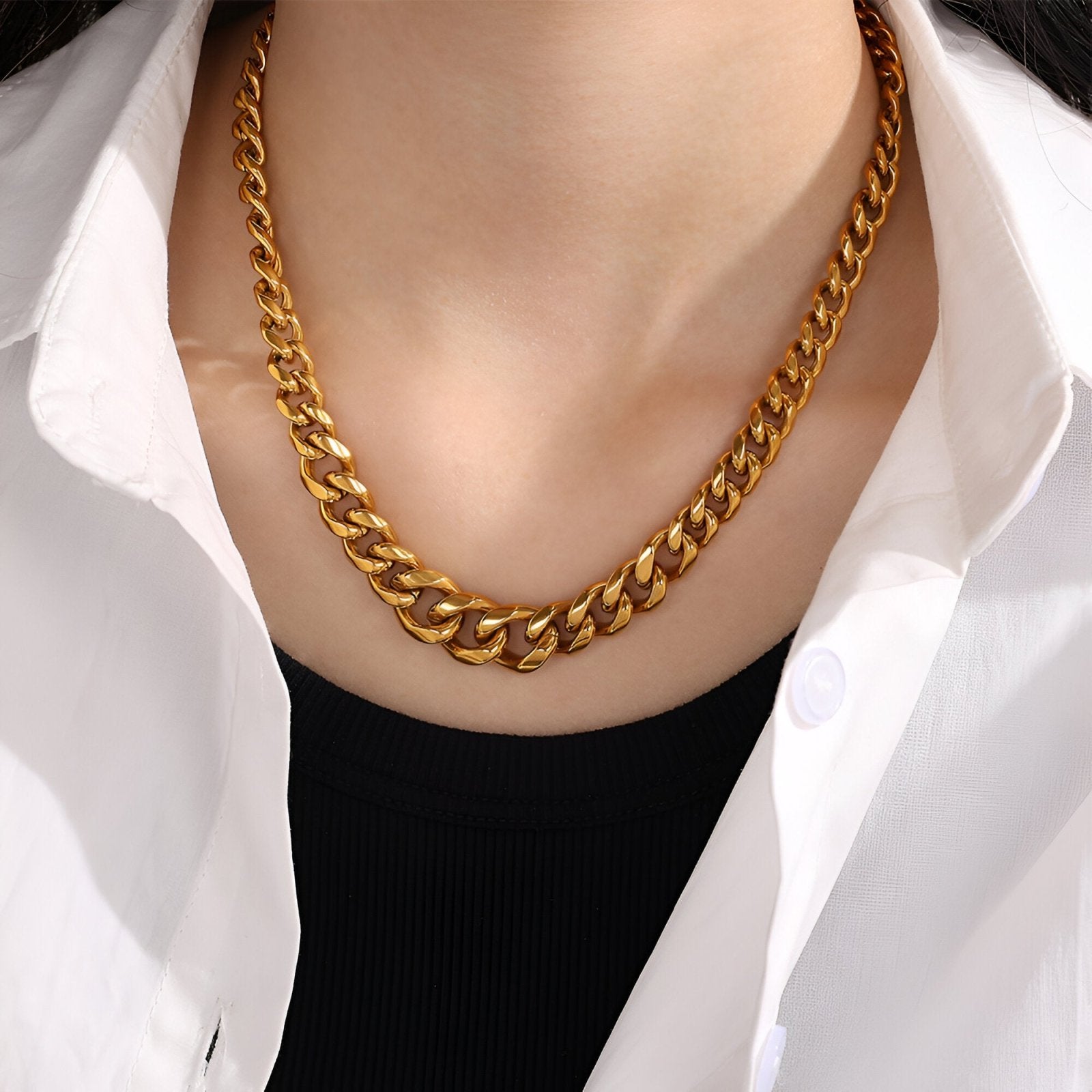 Collier maille cubaine 13mm 18K, acier inoxydable or pour femme, style urbain chic, modèle Aïssa