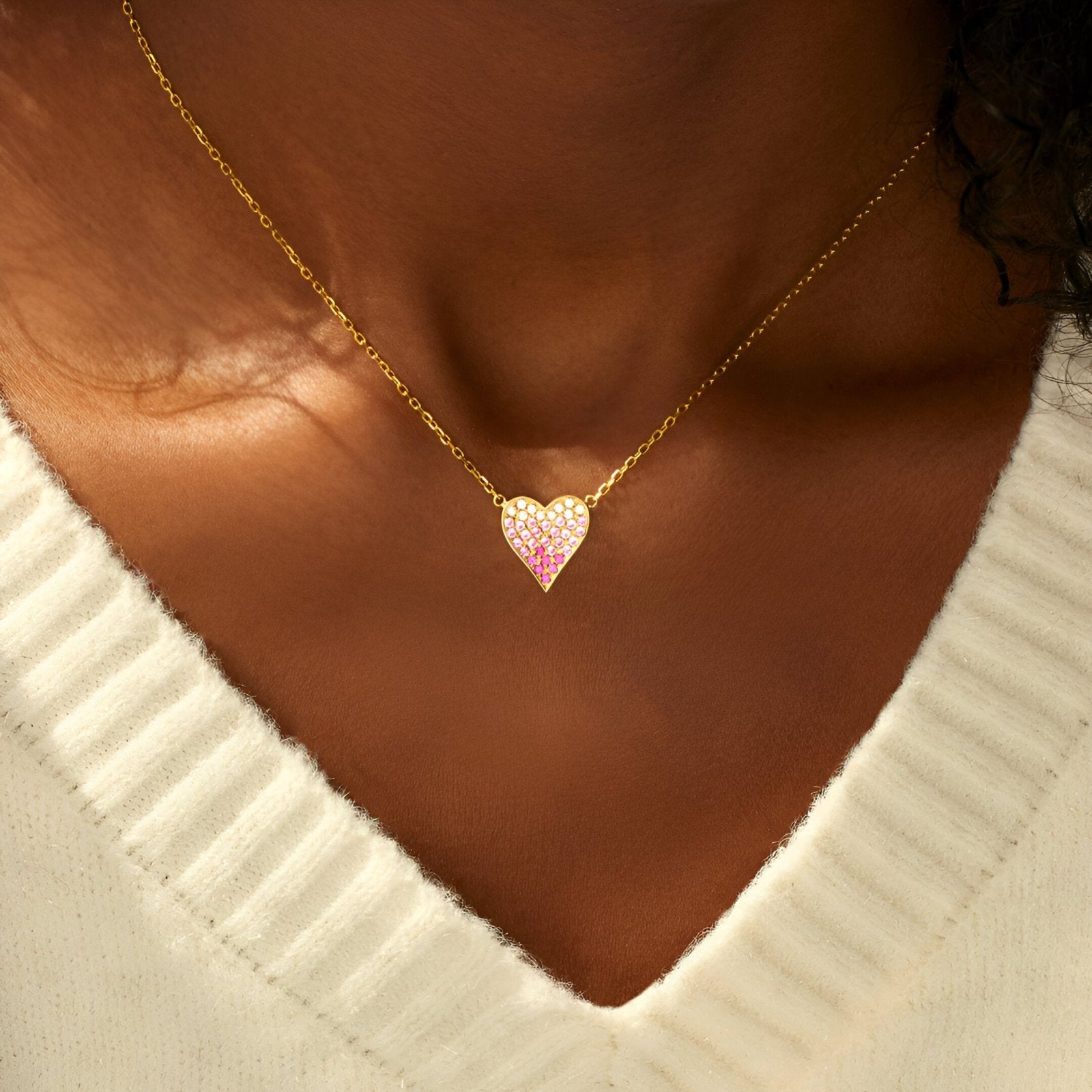 Collier maille forçat, cœur rose pavé en argent massif doré, bijou féminin et élégant, modèle Rosa