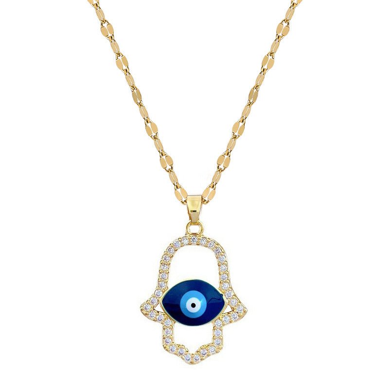 Collier main de Fatma dorée, œil bleu protecteur, strass brillants, modèle Denice