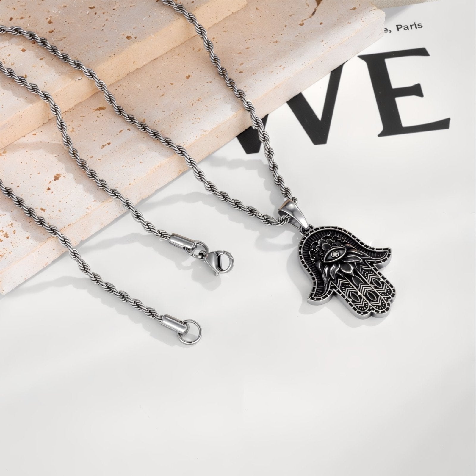 Collier main de Fatma unisexe, acier inoxydable vieilli, 60 cm réglable, modèle Hilda