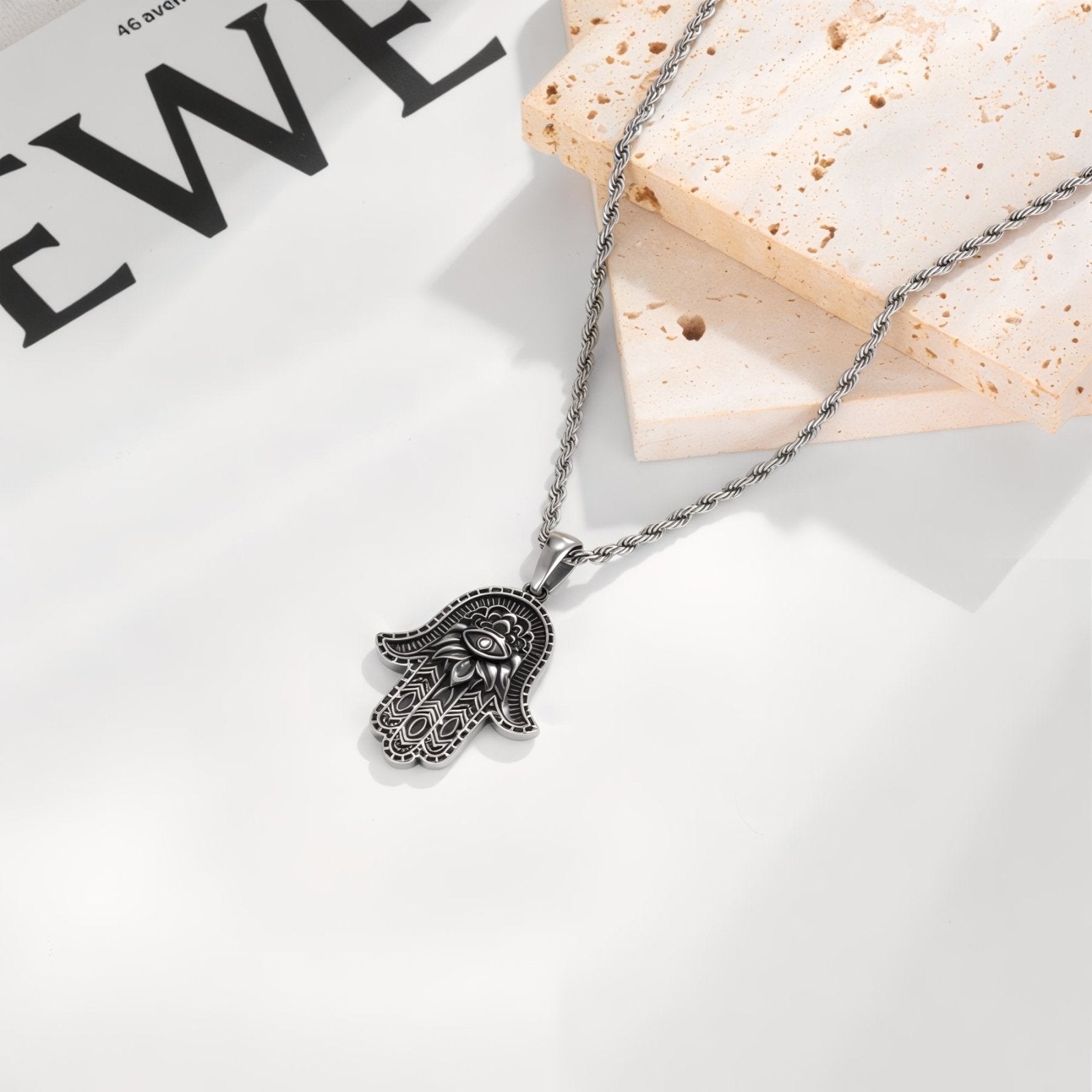 Collier main de Fatma unisexe, acier inoxydable vieilli, 60 cm réglable, modèle Hilda