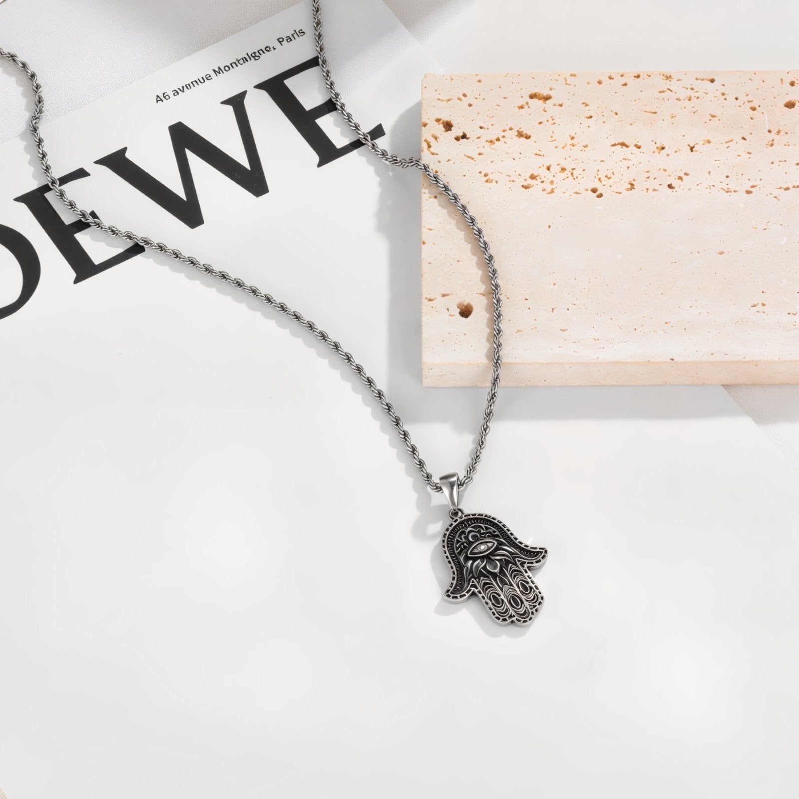 Collier main de Fatma unisexe, acier inoxydable vieilli, 60 cm réglable, modèle Hilda
