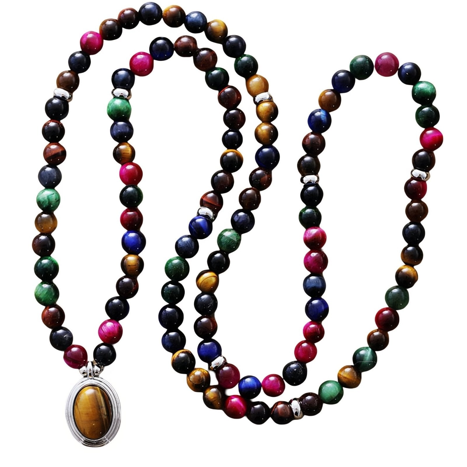 Collier Mala 108 perles, pierres naturelles multicolores et pendentif œil de tigre