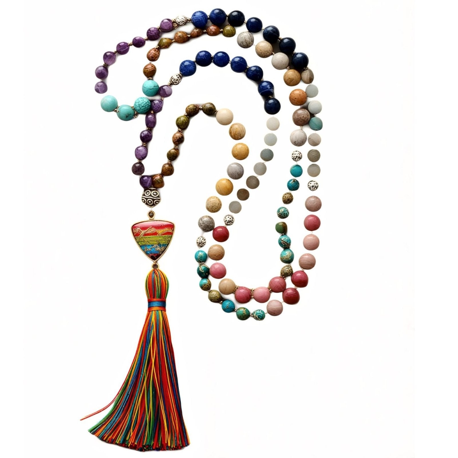 Collier Mala en pierres naturelles 7 chakras, pendentif triangle et pampille arc - en - ciel, modèle Indigo