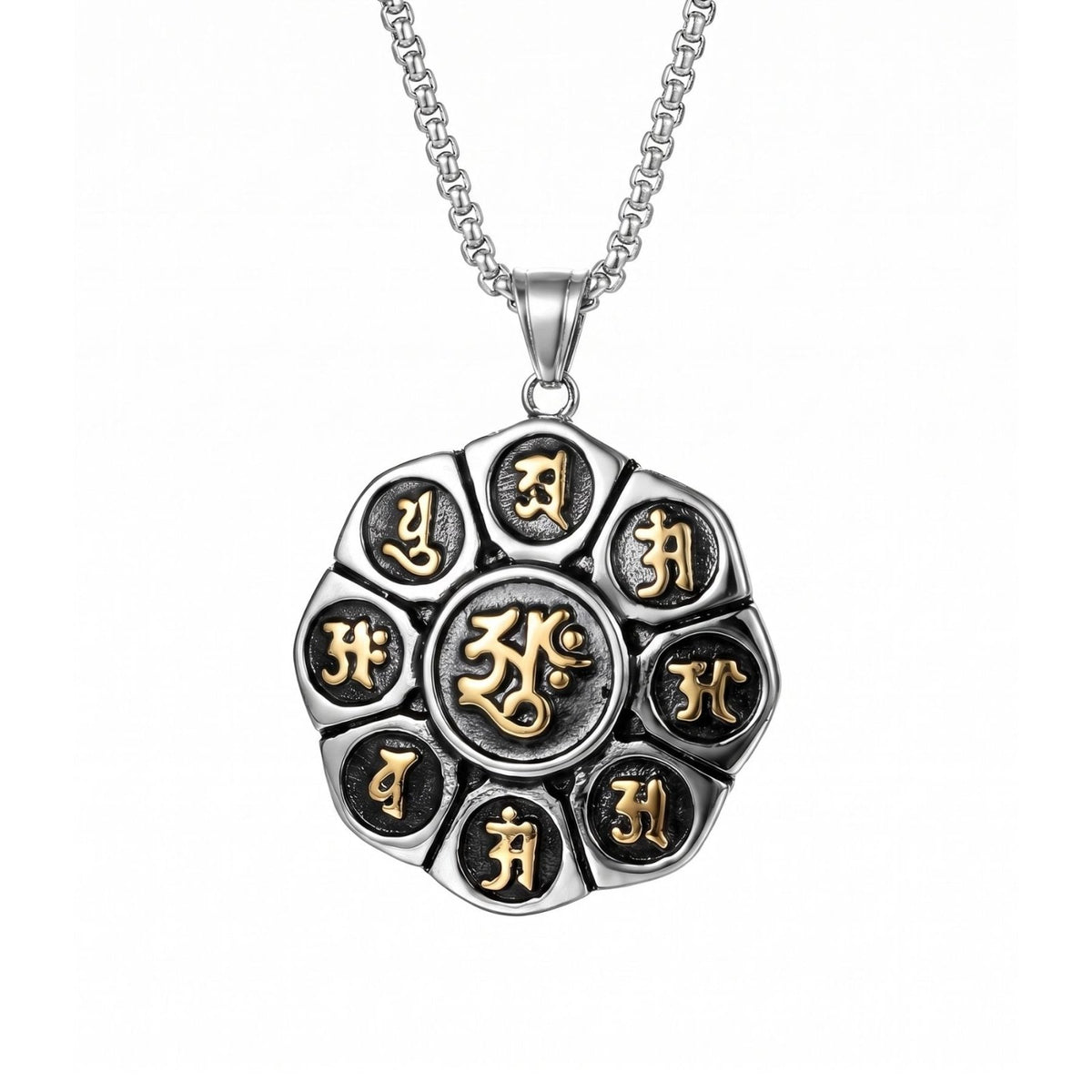 Collier mantra bouddhiste pour homme, en acier titane, pendentif rond orné de symboles tibétains en relief