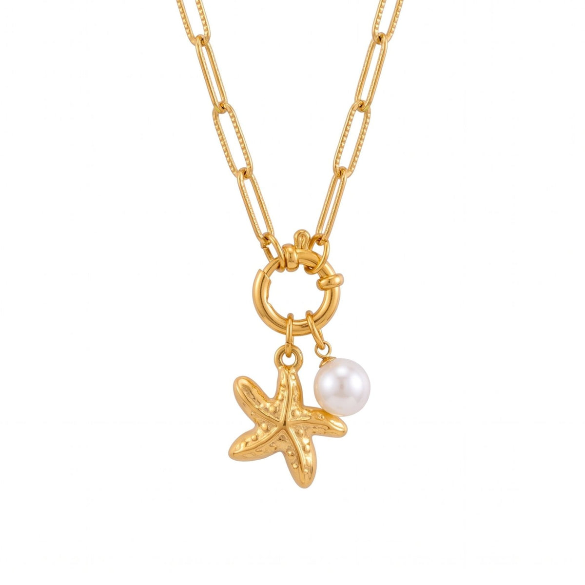Collier marin pour femme, en acier inoxydable doré, pendentif étoile de mer avec perle