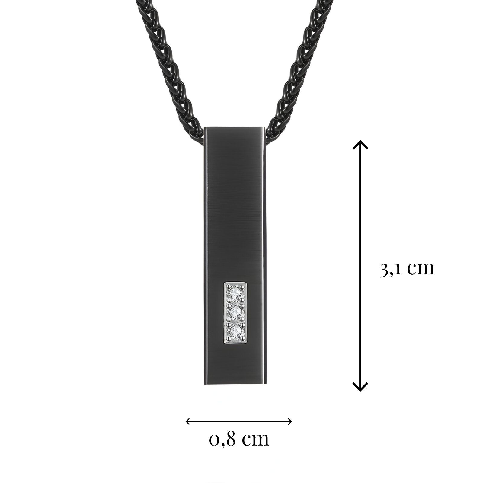 Collier masculin contemporain, pendentif noir mat et zircon, chaîne spiga, modèle Ozio