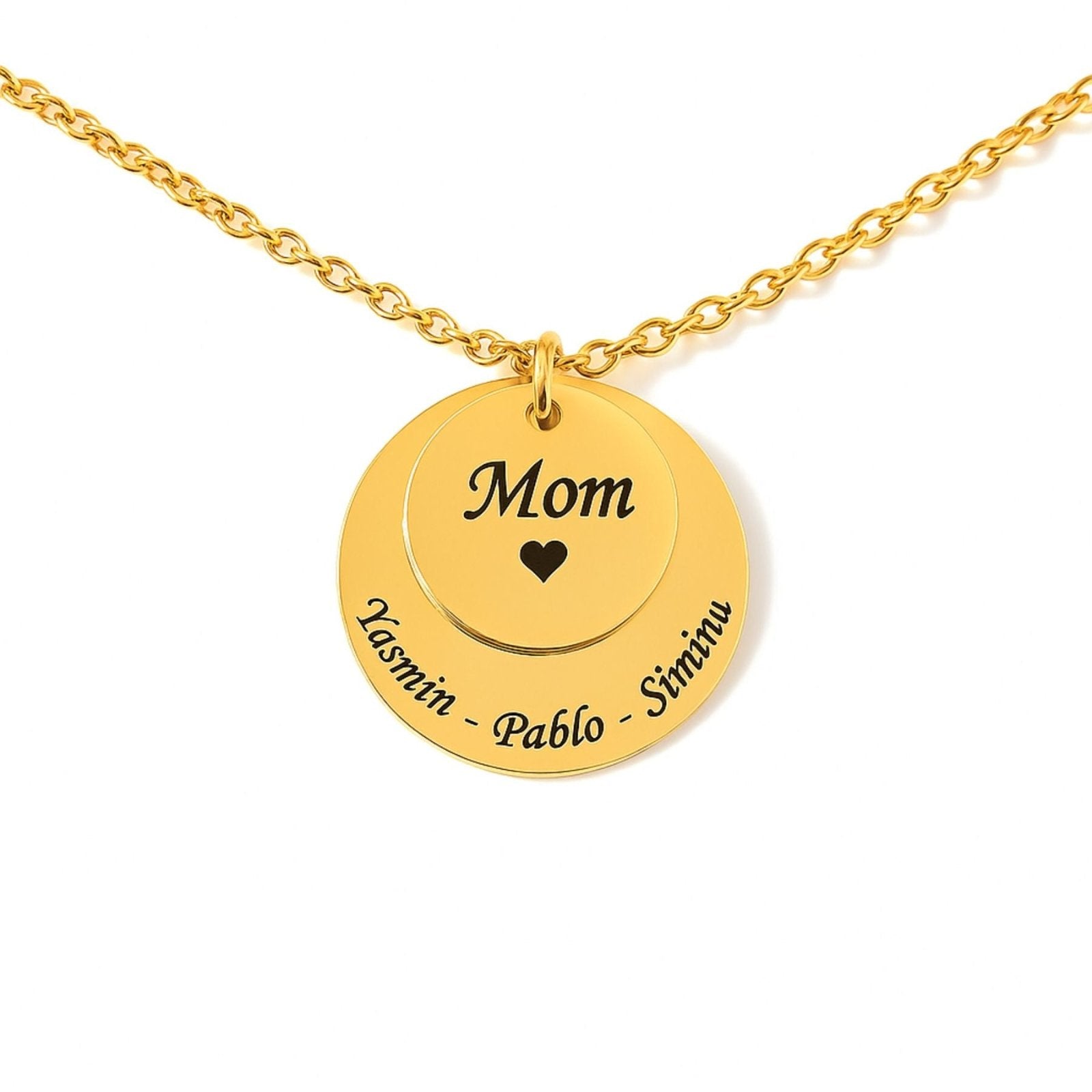 Collier médaillon double gravé, pour maman, en acier inoxydable doré, modèle Mèreveille