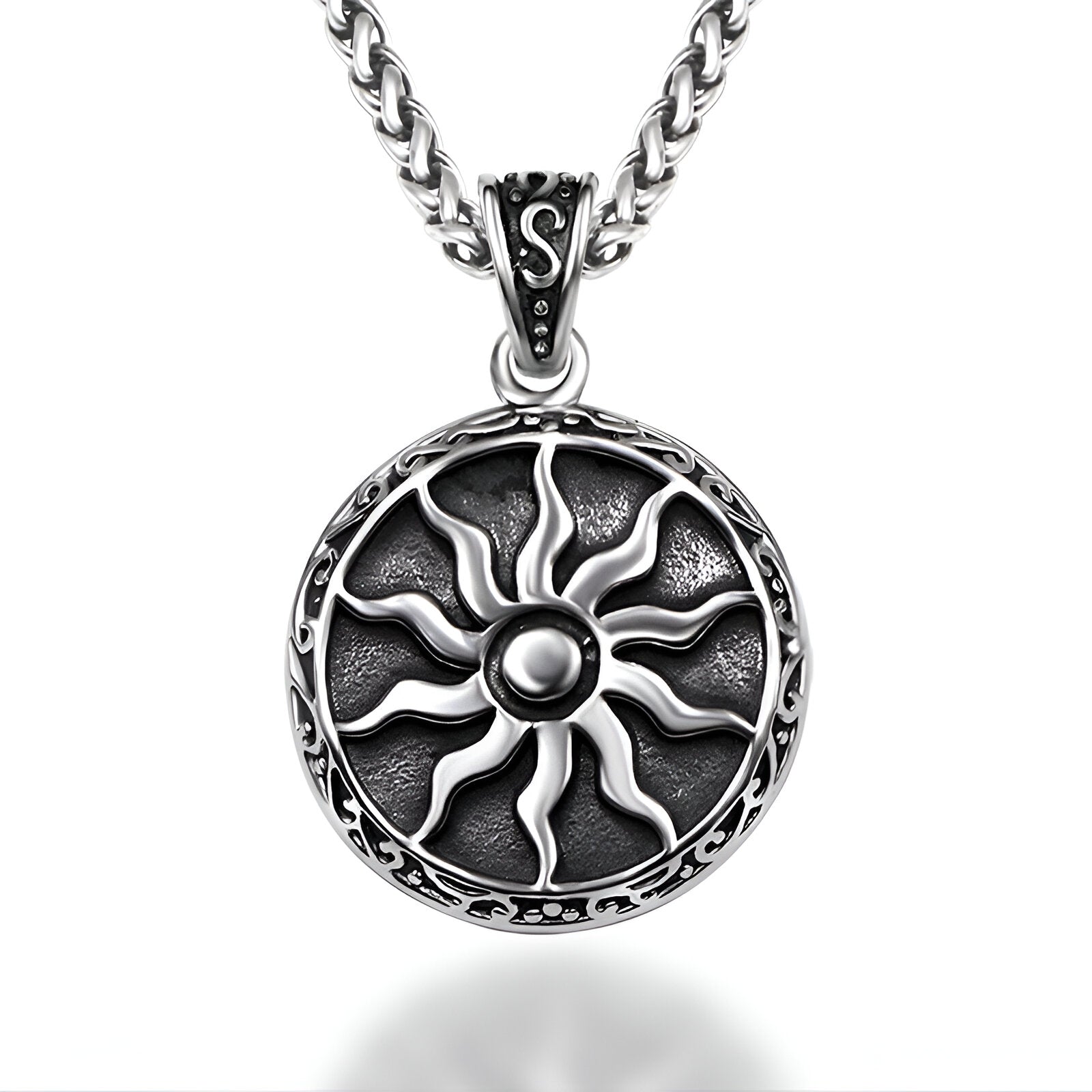 Collier médaillon solaire en acier inoxydable, style viking, pour homme, modèle Helios