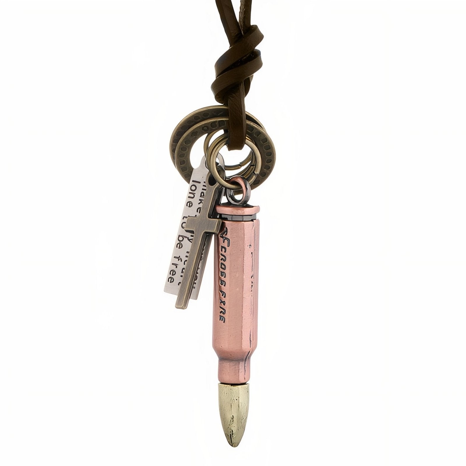 Collier militaire homme, pendentif douille en métal vieilli et croix, cordon en cuir marron réglable