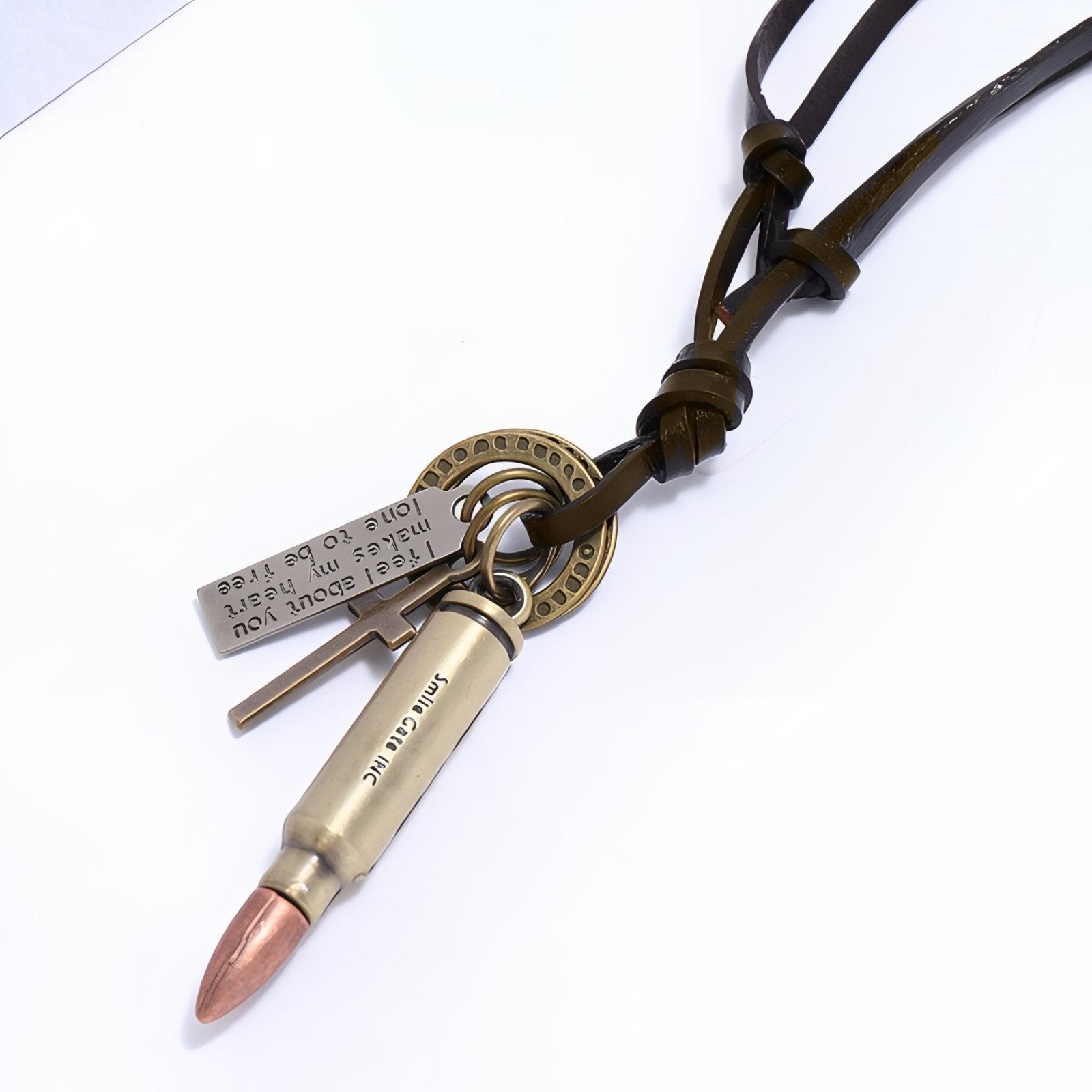 Collier militaire homme, pendentif douille en métal vieilli et croix, cordon en cuir marron réglable