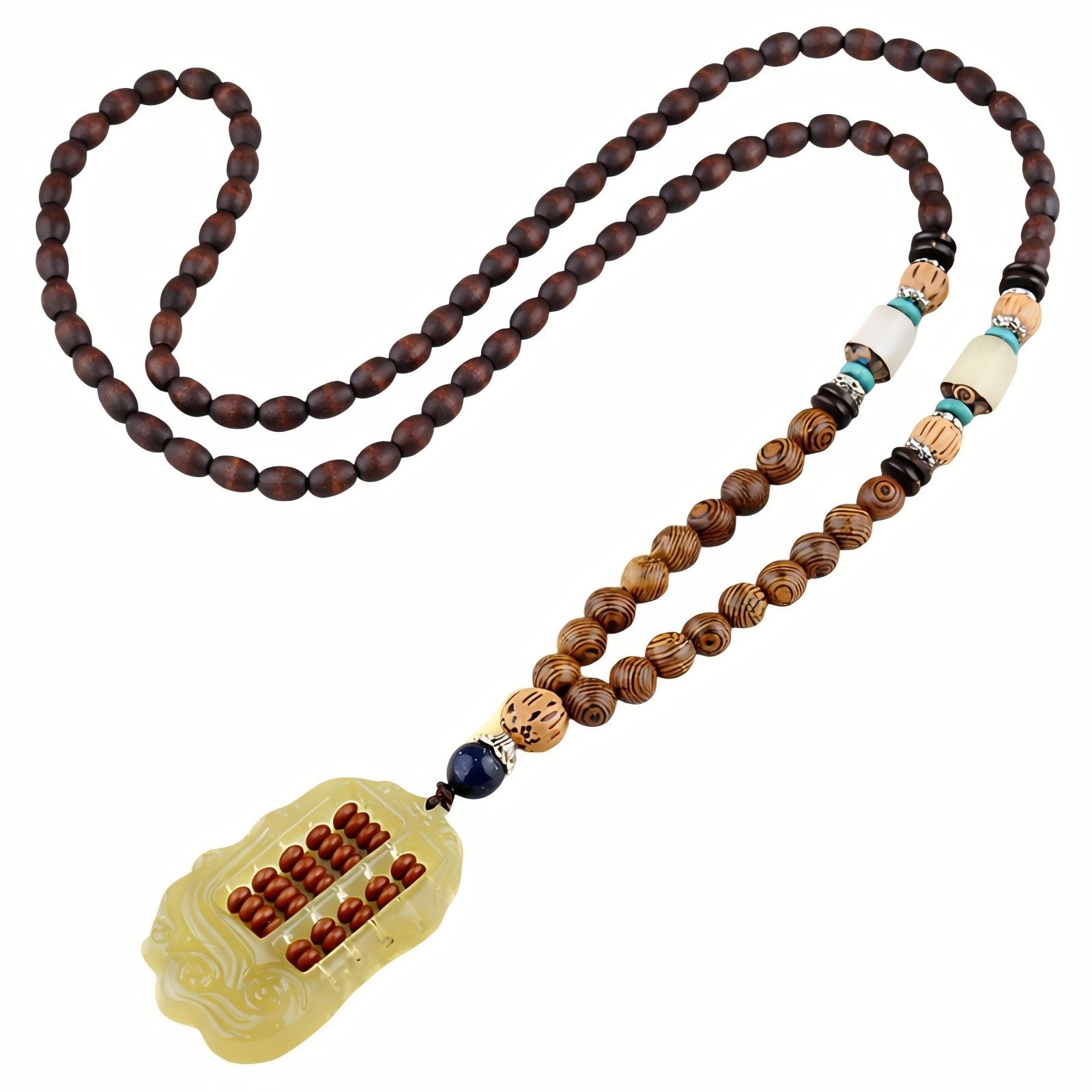 Collier mixte en perles de bois, avec pendentif abaque en résine, style artisanale