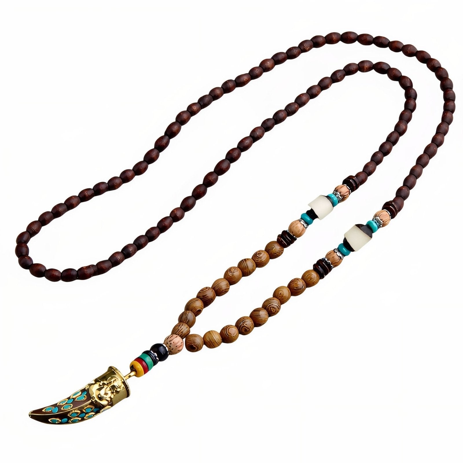 Collier mixte en perles de bois, avec pendentif corne et alliage métallique, style bohème