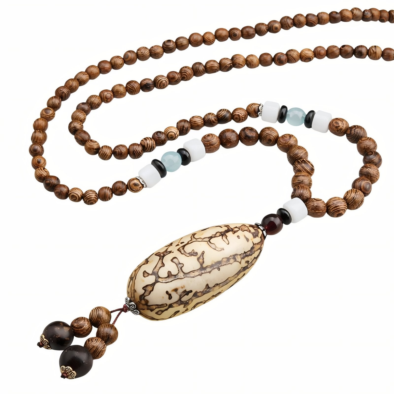 Collier mixte en perles de bois naturel, avec pendentif Bodhi et résine, style artisanale
