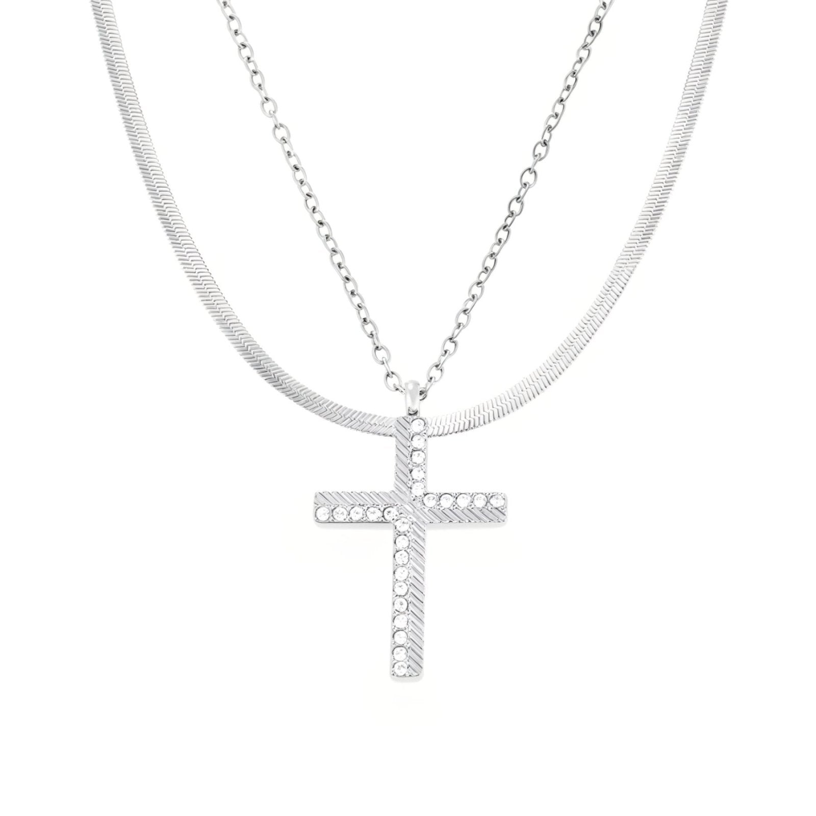Collier multi rangs croix pour femme, pendentif zircon, chaîne ajustable 42–47 cm, modèle Myriam