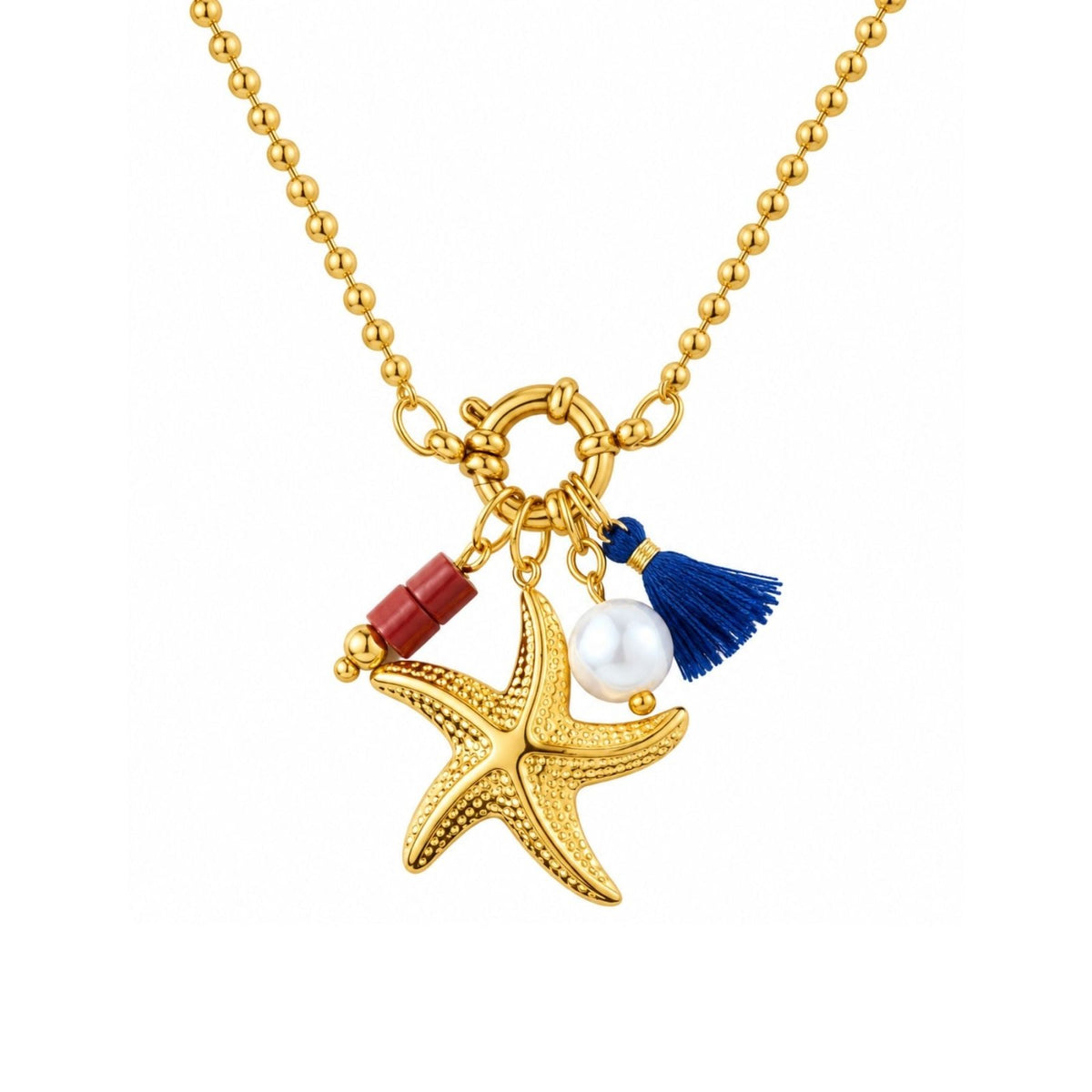 Collier océan pour femme, en acier inoxydable doré, pendentif étoile de mer avec perle et pompon coloré