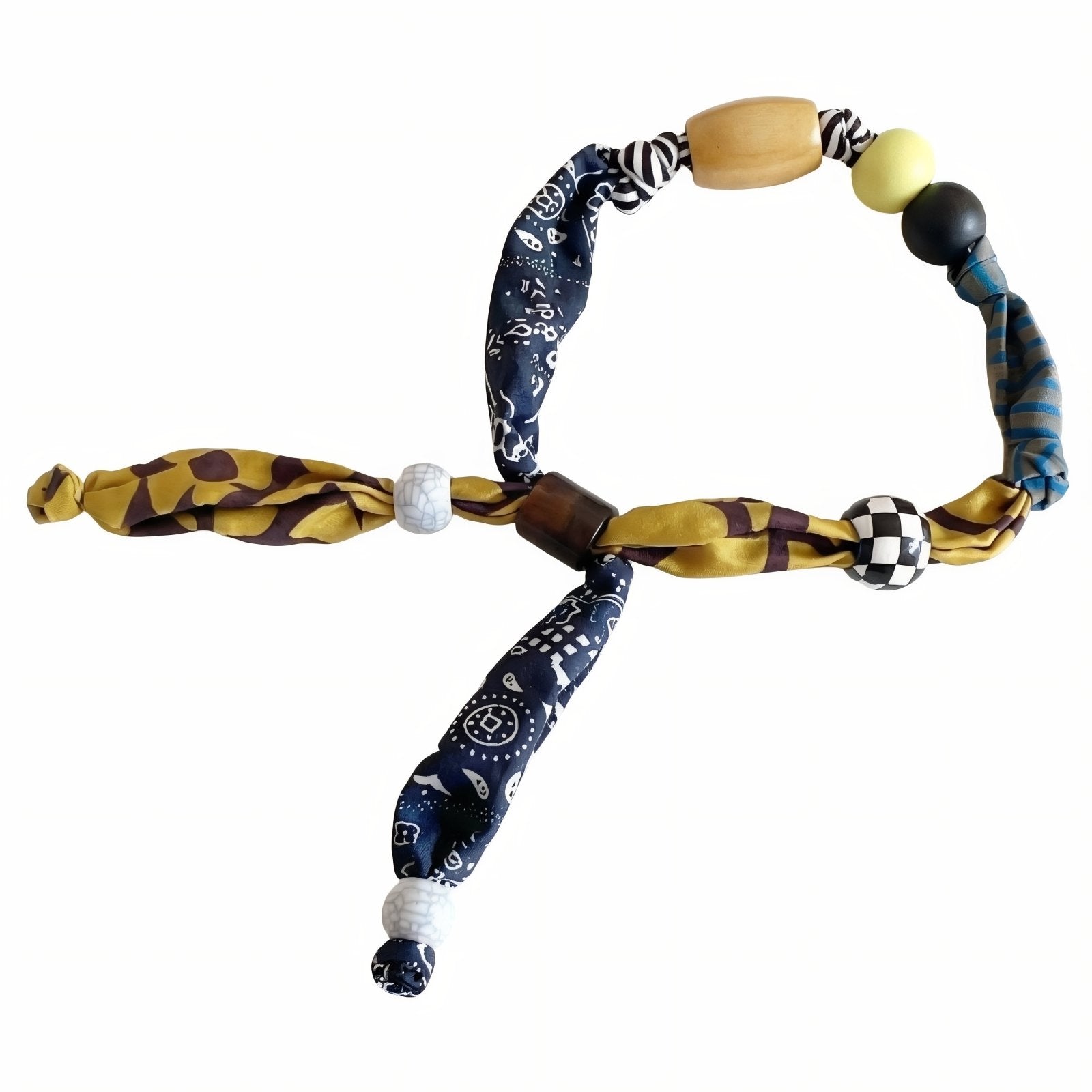 Collier original pour femme en tissu noué, avec perles en bois, style bohème