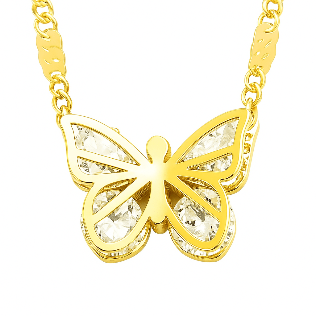 Collier papillon doré en titane, zircon transparent, maille travaillée, modèle Gabrielle