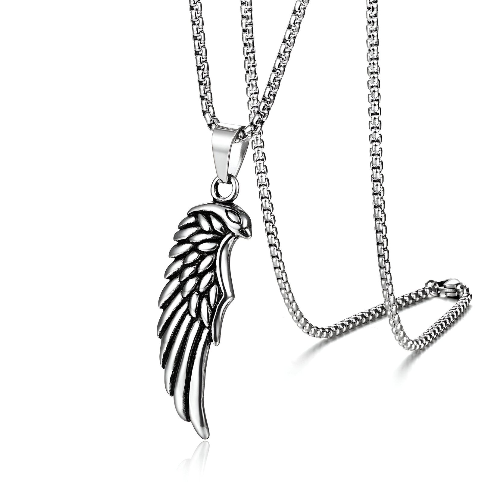 Collier pendentif aile d’aigle en acier inoxydable, style urbain, chaine vénitienne de 60 cm, modèle Veyron
