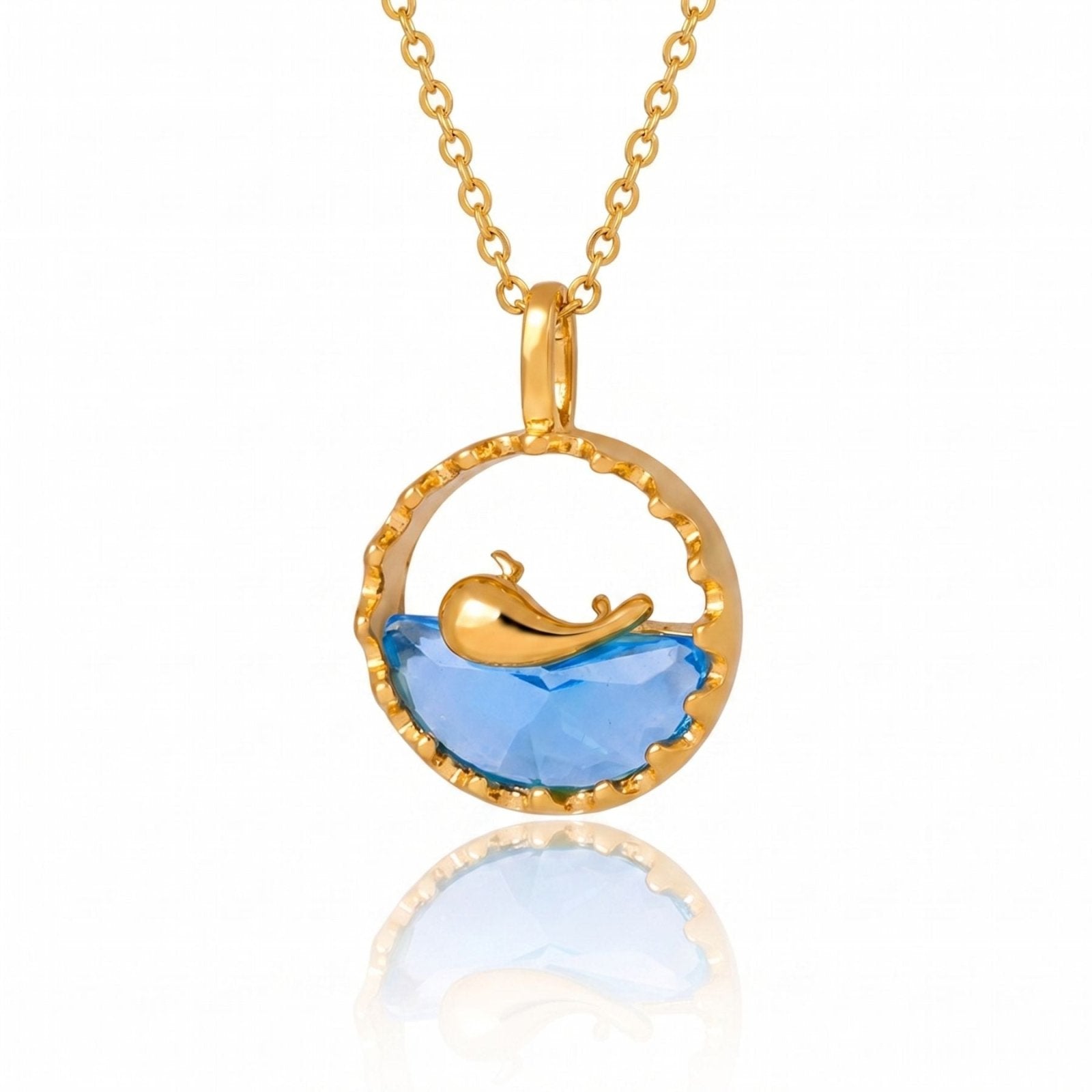 Collier pendentif baleine, en acier inoxydable plaqué or, pierre bleue topaze