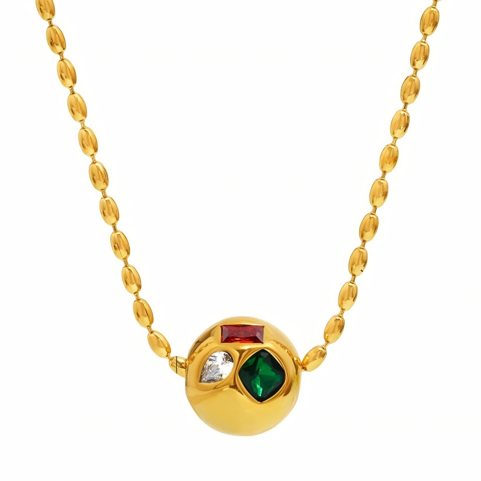 Collier pendentif boule pour femme, avec zircons multicolores, en acier inoxydable