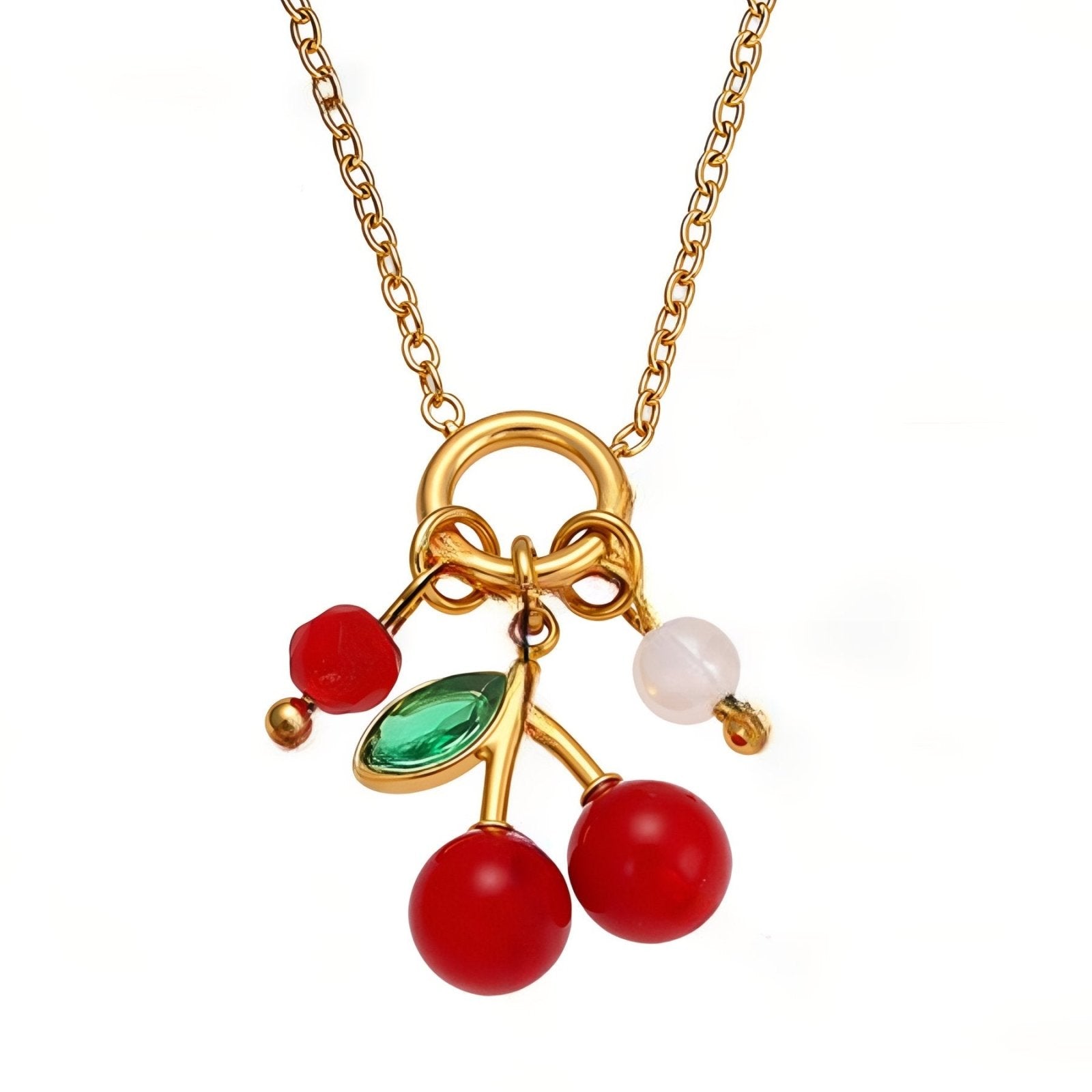 Collier pendentif charms cerises rouges, en acier inoxydable et zircon